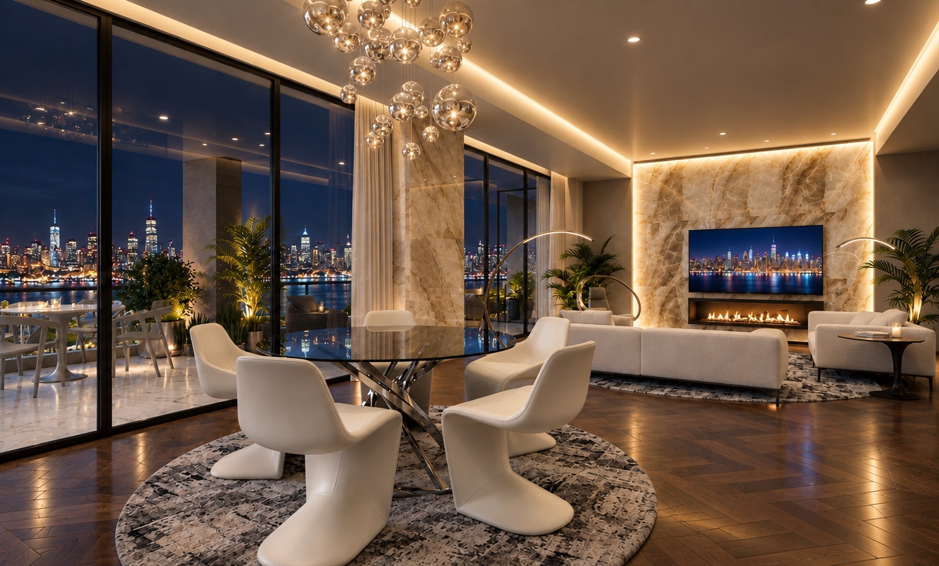 An incredibly lifelike, richly detailed, photorealistic wide-angle interior shot of a luxury penthouse living room set in a high-rise overlooking a sprawling, glittering metropolitan skyline at night. The scene is illuminated by the soft, warm glow of hidden cove lighting and the flickering amber ambiance of a sleek, integrated fireplace, creating a sophisticated and serene atmosphere. Captured with a professional 35mm lens, the rendering emphasizes the contrast between the rich, dark-stained chevron parquet flooring and the pristine white, sculptural leather dining chairs. Above the circular smoked-glass dining table, a stunning chandelier composed of cascading polished chrome and crystal spheres acts as the room's crown jewel. The architectural focus centers on a floor-to-ceiling backlit onyx feature wall housing a flat-screen television, while the transition from the indoor living space to the terrace is seamless, marked by dark, minimalist mullions and a dramatic shift to light-veined marble tiling on the exterior balcony. The deep-set, wide-angle perspective pulls the eye from the intimate, textured rug in the foreground toward the vast, electric panorama of the city beyond, capturing the essence of contemporary elegance with crisp reflections and meticulous material transitions.