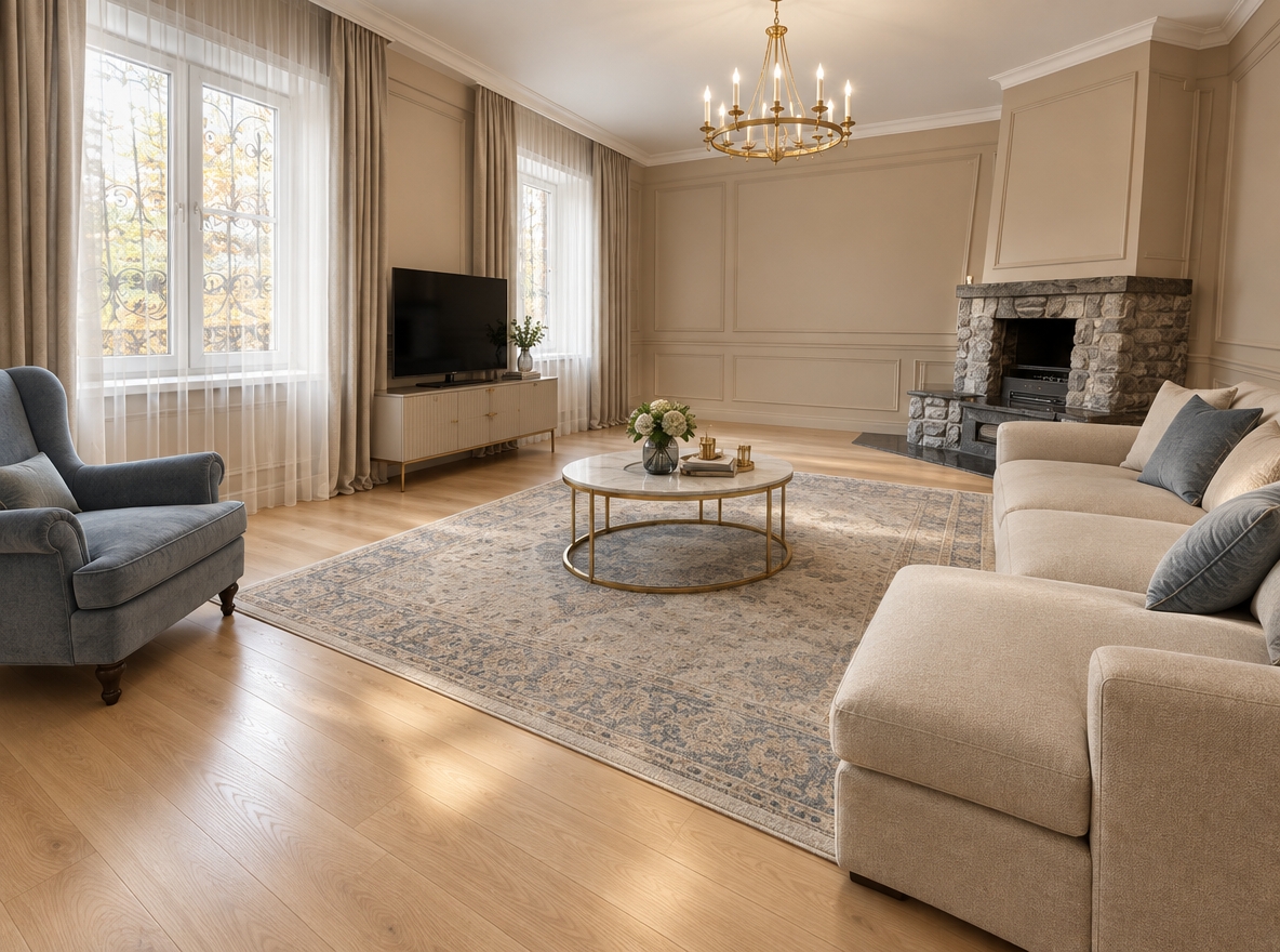 An incredibly lifelike, richly detailed, photorealistic wide-angle shot of a refined living room set in an elegant autumn home. The scene is illuminated by soft midday natural light filtering through the windows paired with the warm, radiant glow of a central golden chandelier, creating an airy, peaceful, and subtly opulent art deco glamour atmosphere. Captured with a full-frame camera and a 24mm wide-angle lens, emphasizing the fine grain of light wood parquet, matte wall moldings, and plush upholstery textures.

The redesigned space features walls finished in a cohesive, calming warm beige with classic wall moldings painted identically to create elegant depth and shadow play beneath a seamless matte white ceiling. In the foreground to the right, a luxurious sectional sofa with an integrated ottoman is upholstered in tailored beige fabric, styled with refined grey-blue accent cushions and paired with a classic grey-blue reading armchair. Centered before the seating area is an understated, complementary area rug topped with an elegant coffee table with subtle metallic accents. The windows are softened with flowing white tulle and tailored, full-length beige drapery that frames the gentle autumn exterior, while a sleek low TV console rests neatly beside the window. Anchoring the right wall, the original stone fireplace remains intact with the space above cleanly painted in matching beige, harmonizing timeless architectural character with contemporary comfort.