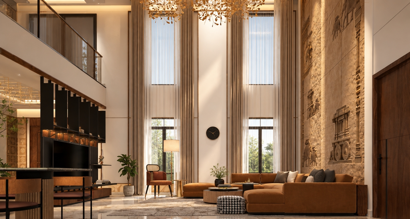 Architectural interior photograph capturing the exact scene with realistic textures and warm ambient lighting. Crisp matte white walls and ceiling contrast with the right accent wall, where deep-relief Indian stone carvings of elephants are dramatically accented by grazing light to reveal rich tactile depth. The sectional sofa features soft cognac suede leather. The four tall windows are framed by delicate white tissue sheers, beige drapes, and precise wooden beading. Soft, warm-white illumination emanates from the organic chandeliers and floor lamp, casting gentle highlights across the polished floor, the mezzanine glass railing with black trim, and the rich walnut veneer door on the right.
