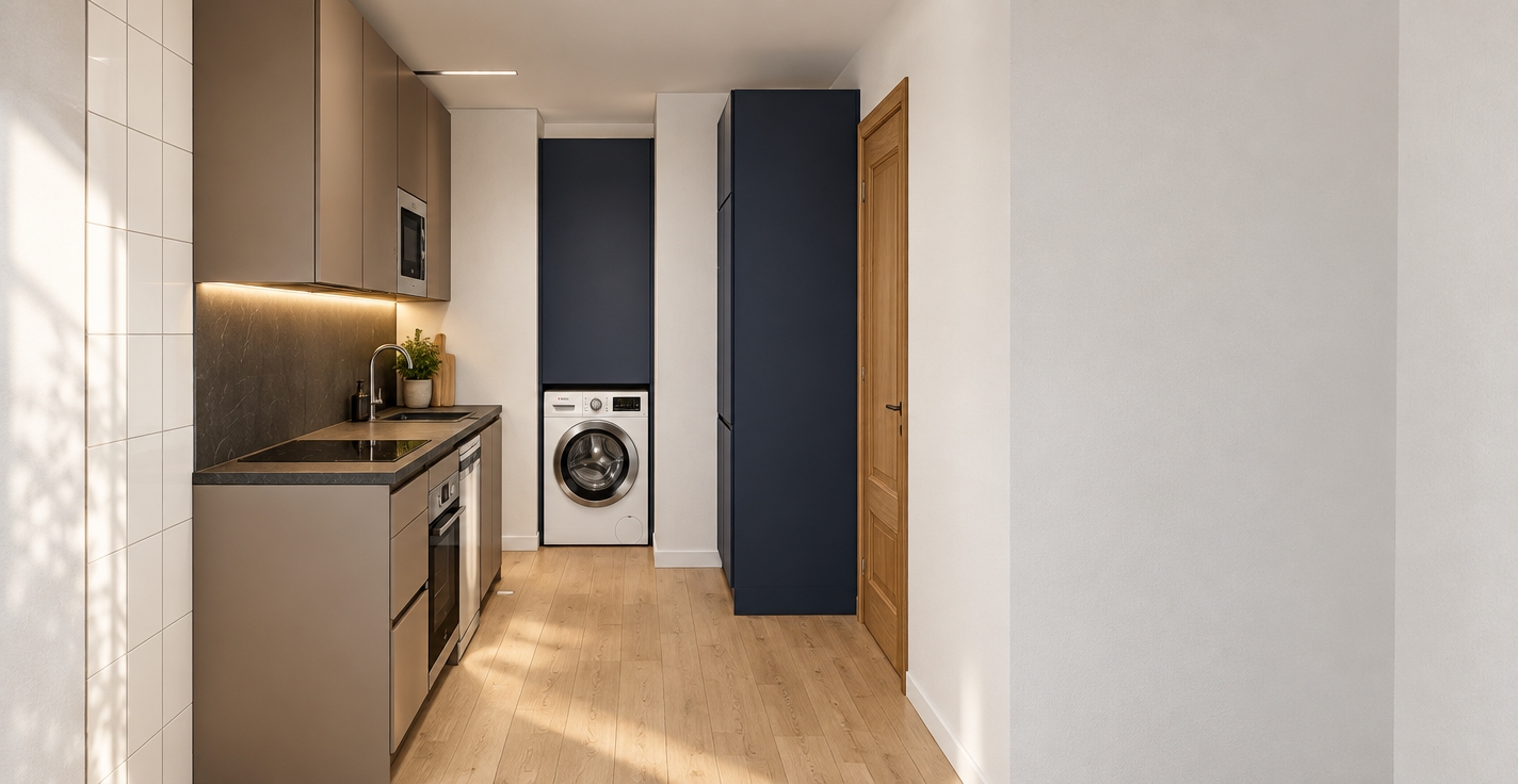 Architectural interior photograph of the narrow kitchen corridor, maintaining the exact composition, perspective, and placement of all elements. Soft, natural daylight fills the space, complemented by subtle, warm task lighting that casts gentle shadows across the matte taupe cabinetry, dark textured countertops, and light oak plank flooring. Fine micro-textures reveal realistic wood grain on the timber door, smooth eggshell paint on the white walls, and a deep satin finish on the navy pantry unit. Authentic specular reflections gleam naturally on the chrome faucet, microwave, oven glass, and front-loading washing machine door, captured with a sharp full-frame architectural lens at f/8 for balanced depth of field and pristine material fidelity.