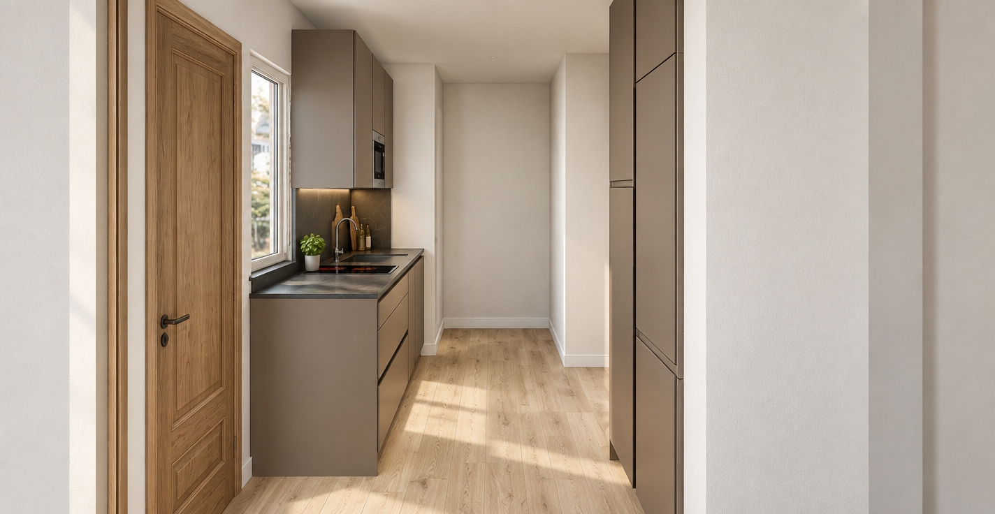 An architectural interior photograph of the kitchen corridor maintaining the exact geometry and composition with authentic textures. Soft natural daylight enters through the side window, casting delicate diffuse shadows across the light oak plank flooring and subtly textured white walls. The scene emphasizes rich material fidelity, highlighting the detailed organic grain of the natural wood door, smooth matte-taupe cabinetry, gentle sheen on the dark countertop, and realistic chrome reflections on the faucet, captured in sharp focus with balanced ambient light and clean photographic depth.