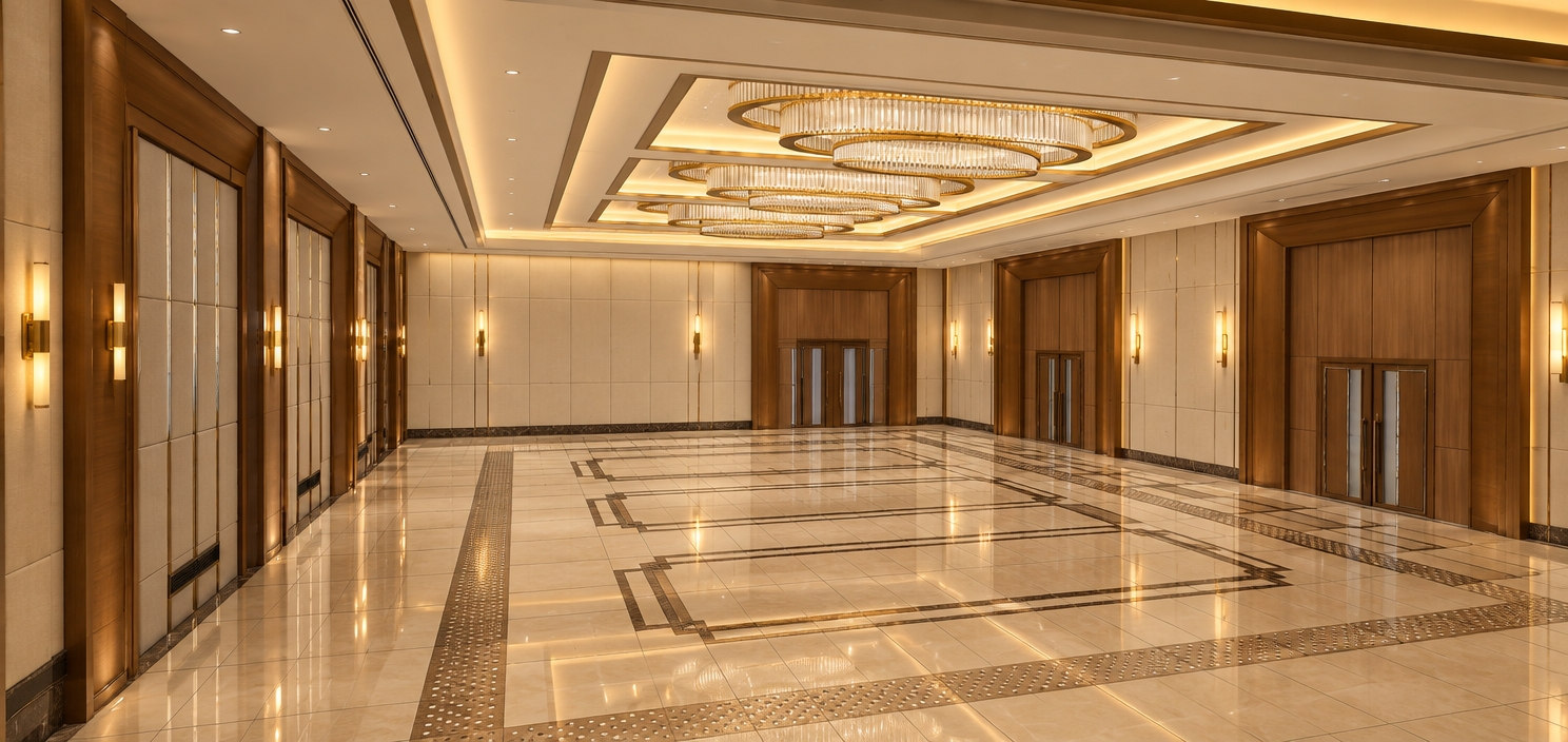 Architectural interior photograph of the grand ballroom, strictly maintaining the exact spatial geometry, layout, and perspective. The polished floor consists of glossy, glazed beige tiles detailed with contrasting medium-dark brown inlaid geometric borders that capture realistic room reflections. Walls are composed of warm-toned wood cladding surrounding the doorways paired with padded beige fabric panels, accented by vertical brushed brass sconces. Overhead, the large tiered brass and crystal ring chandeliers cast a warm 2800K glow, complemented by soft cove lighting tucked into the ceiling recesses, creating realistic light falloff, gentle shadows, and rich material depth throughout the empty hall.