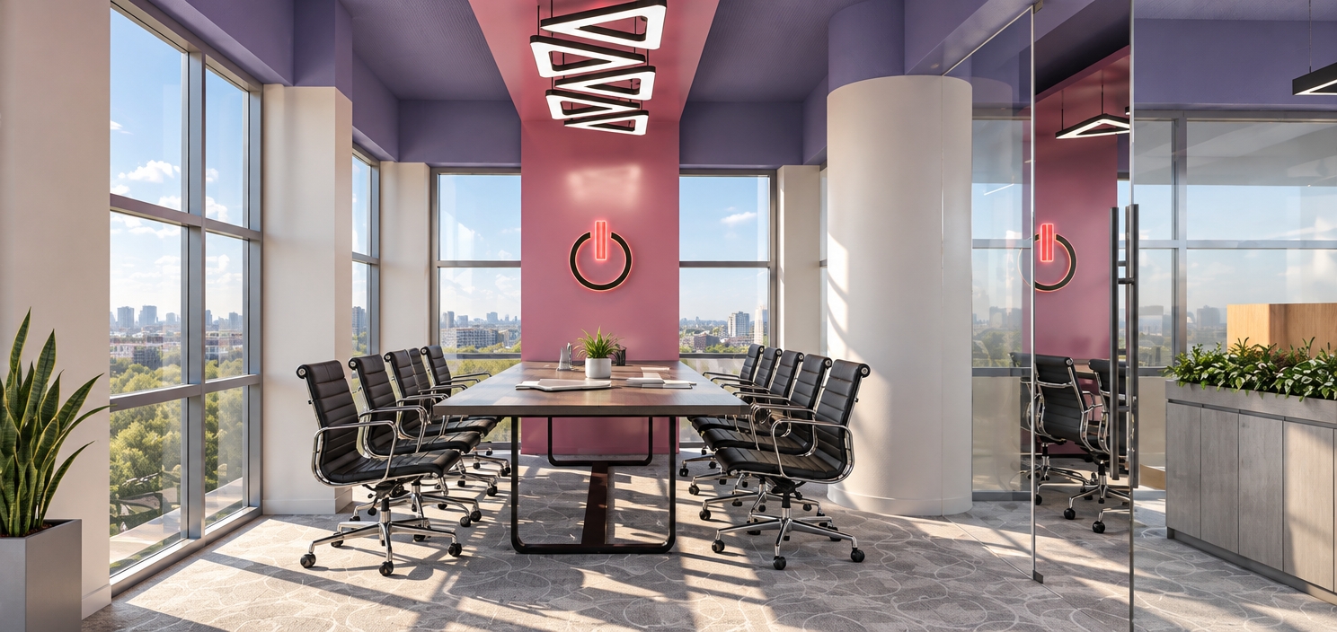 An architectural interior photograph of the exact conference room captured under crisp, bright spring midday sunlight streaming through the expansive windows. Sharp, natural diagonal shadows fall across the patterned carpet and table surface, harmonizing with the subtle interior illumination from the geometric overhead lights and the neon wall emblem. Surfaces showcase realistic physical textures, including authentic leather grain with faint creases on the black chairs, brushed metal and chrome reflections on the bases, matte paint finishes across the lilac ceiling and pink accent column, and subtle reflections and faint dust on the glass partition. Captured with a balanced wide-angle architectural lens, featuring natural exposure, crisp depth, and subtle optical imperfections that ground the modern office space in reality.