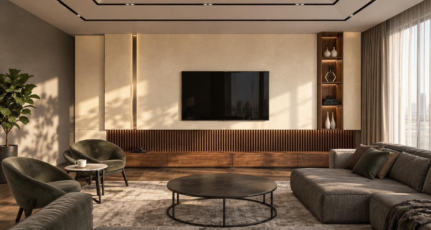 An incredibly lifelike, richly detailed, photorealistic interior shot of a sophisticated modern fusion living room set in an upscale urban high-rise. The scene is illuminated by soft, diffused late-afternoon sunlight filtering through floor-to-ceiling sheer drapes, creating a warm and dynamic atmosphere. Captured with a 35mm wide-angle lens, emphasizing the rich textures of the walnut slatted media console and the matte velvet upholstery of the curved accent chairs.

The space masterfully balances an industrial-inspired aesthetic with organic warmth; the focal wall features a buttery-toned minimalist finish juxtaposed against a striking vertical metallic inlay and a custom recessed walnut shelving unit displaying curated abstract art pieces. A low-profile, modular sectional in soft charcoal sits atop a plush, textured area rug, grounded by a sleek, geometric black-framed coffee table. To the side, a vibrant potted fiddle-leaf fig adds a splash of organic color against the monochromatic palette of black and white. The composition draws the eye toward the center of the media wall, where smooth surfaces meet precise, clean lines, evoking a sense of refined, contemporary elegance in a perfectly curated urban sanctuary.