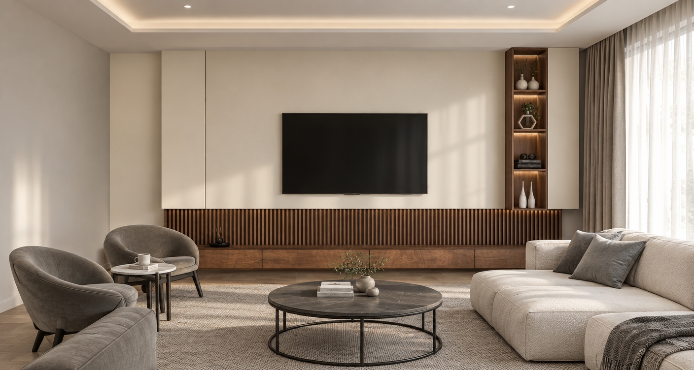An incredibly lifelike, richly detailed, photorealistic eye-level shot of a serene living room set in a Scandinavian sanctuary. The scene is illuminated by soft, diffused natural light filtering through sheer floor-to-ceiling curtains, creating a tranquil and airy atmosphere. Captured with a 35mm lens, emphasizing the fine grain of the walnut slatted media console and the matte, eggshell finish of the minimalist feature wall.

The composition centers on a sleek, wall-mounted television balanced by a vertical recessed walnut shelving unit, housing curated minimalist decor and small touches of nature-inspired greenery. The room is anchored by a plush, cream-colored modular sofa adorned with soft gray textiles, paired with a sophisticated circular coffee table featuring a dark metal frame. To the left, two organic, pebble-shaped armchairs in a soft slate velvet provide an intimate conversation nook, complemented by a delicate marble-topped side table. A neutral-toned, textural wool rug grounds the space, while the overall palette of warm whites, soft grays, and natural wood tones evokes a profound sense of "hygge." The perspective is perfectly balanced, offering a wide, inviting view that highlights the clean lines and meticulous craftsmanship of this peaceful modern home.