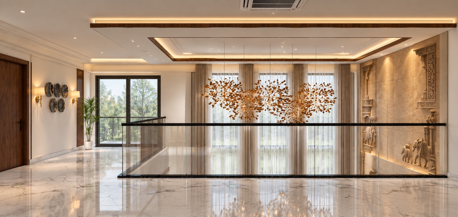 A professional architectural interior photograph capturing the exact scene with realistic physical materials, atmospheric warm white cove lighting, and illuminated fixtures. The walls and tray ceiling feature smooth matte white plaster, contrasted by the polished white Statuario marble flooring reflecting soft environmental highlights and subtle, sparse grey veining. Directional warm spotlighting rakes across the double-height right stone wall, emphasizing the deep relief and tactile micro-textures of the carved Indian architectural elephant motifs. The suspended bronze floral chandeliers glow with soft ambient light, while the clear glass balustrade with a sleek black metal handrail exhibits authentic transparency, crisp specular reflections, and edge refractions. Sheer white tissue curtains and draped beige fabric across the rear windows softly diffuse exterior daylight, complemented by rich walnut wood veneer finishes on the door and trims, captured crisply on a wide-angle tilt-shift lens with balanced dynamic range.