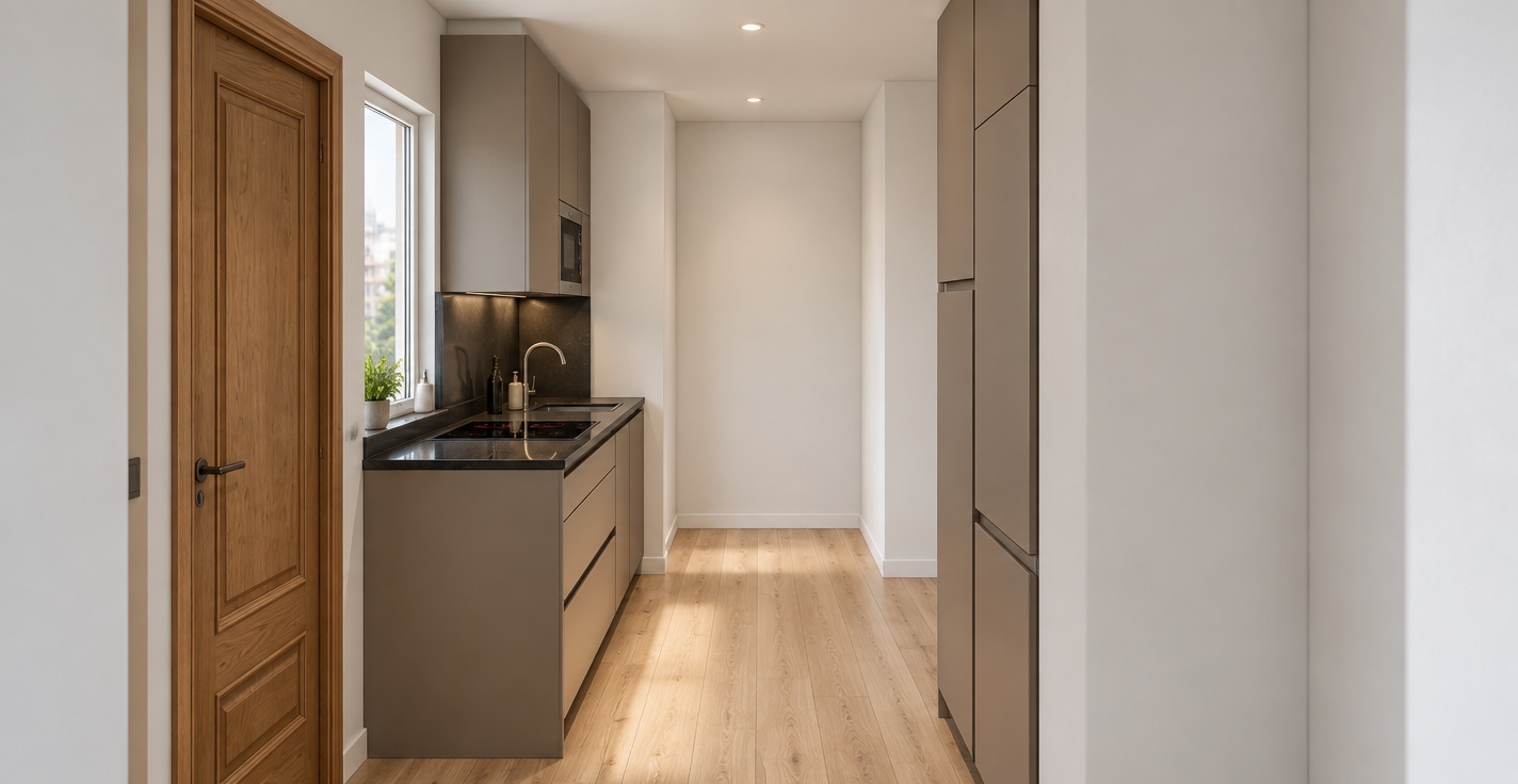 A real architectural photograph of this modern narrow kitchen, captured with an eye-level wide-angle lens using soft daylight streaming through the window alongside gentle interior ambient fill. Preserve the exact layout, geometry, and perspective while rendering authentic materials: fine matte laminate on the taupe cabinetry, rich tactile wood grain on the door, realistic light wood floorboards with subtle surface sheen, and crisp reflections on the polished black countertop and glass cooktop. Subtle contact shadows, soft ambient occlusion, and natural micro-textures bring photorealistic life to the clean surfaces.