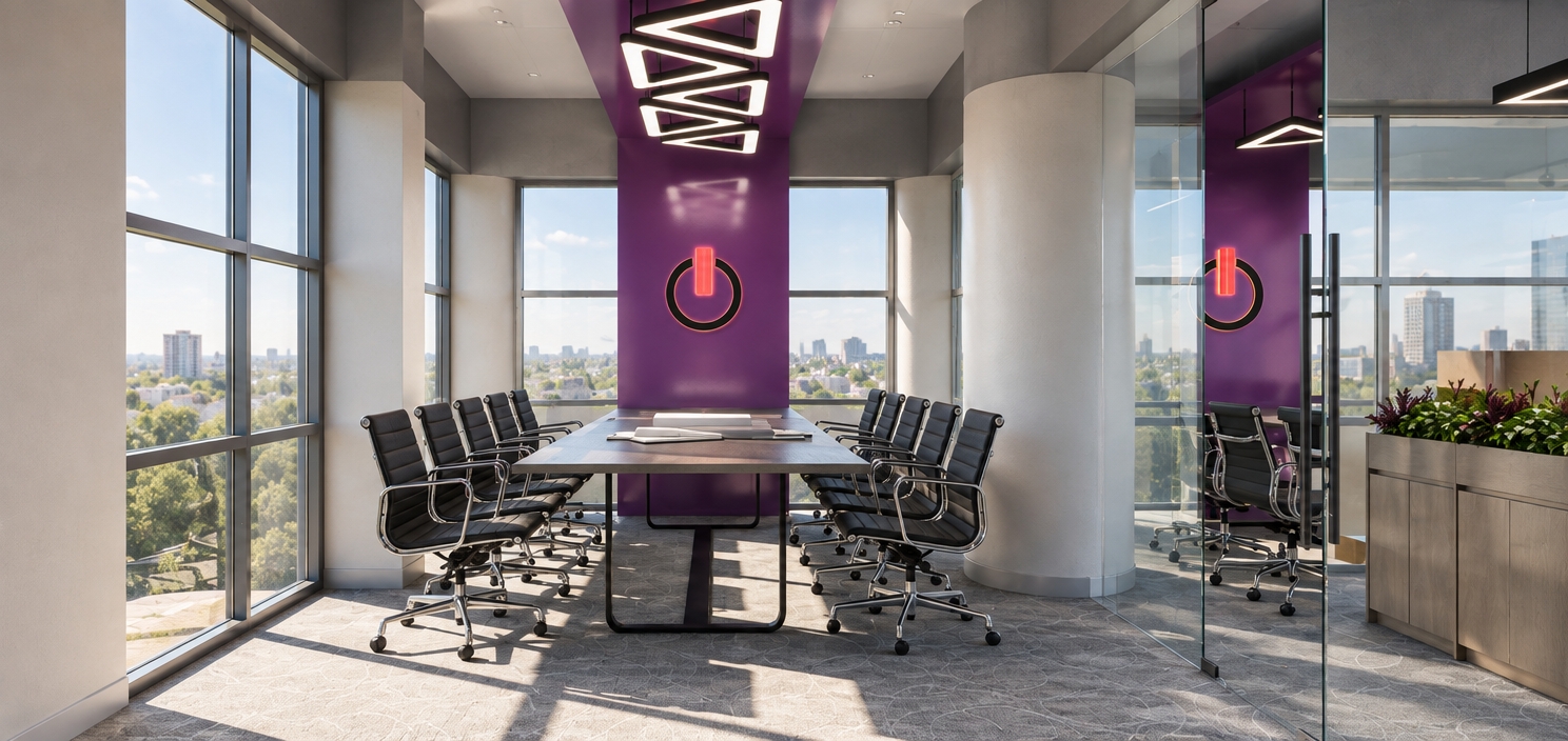 A photograph of the modern conference room captured in crisp, natural spring midday sunlight streaming through the expansive windows. Maintain the exact layout, geometry, furniture placement, and purple accent feature. The lighting casts authentic high-angle midday sun patches across the carpeted floor and table surface, balanced by soft interior fill from the geometric overhead LED fixtures. Render realistic material textures, including subtle reflections on the polished chrome chair bases, authentic leather grain on the office chairs, and realistic transparency and faint smudges on the glass partitions, captured with a sharp architectural lens with gentle natural contrast and subtle ambient grain.