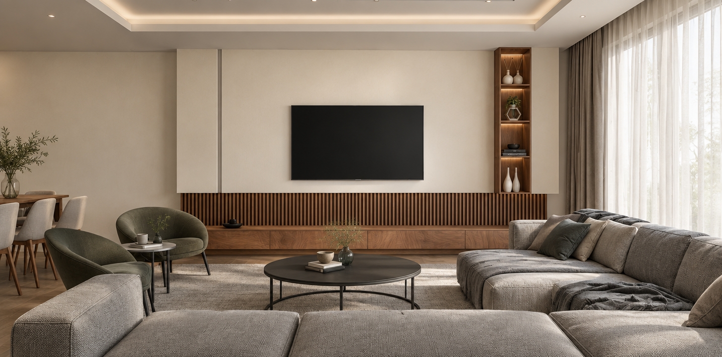 An incredibly lifelike, richly detailed, photorealistic wide-angle shot of a serene living room set in a bright, Scandinavian-inspired urban apartment. The scene is illuminated by soft, diffused natural morning light filtering through floor-to-ceiling sheer linen curtains, creating a tranquil and airy atmosphere. Captured with a 35mm lens, emphasizing the tactile textures of the plush charcoal sofa, the warmth of the walnut slatted media console, and the clean, minimalist lines of the space.

The composition centers on an elegant wall feature where a matte-finish entertainment unit sits atop rhythmic wooden slats, balanced by an integrated vertical shelving niche displaying curated ceramics and a photography book. A sleek, circular matte black coffee table grounds the central living area, while a cozy conversation corner with organic, curved lounge chairs offers an invitation to relax. The palette is a sophisticated harmony of soft off-whites, slate grays, and muted earth tones, accented by the subtle presence of indoor greenery that breathes life into the minimalist environment. Every finish, from the matte metal hardware to the textured gray rug, reflects a commitment to a clean, hygge-inspired aesthetic that feels both inviting and impeccably curated.