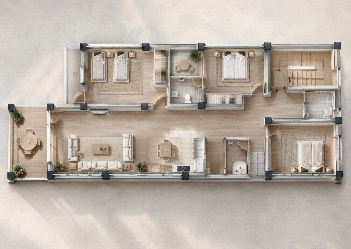 An incredibly lifelike, richly detailed, photorealistic top-down 3D architectural photograph of a sprawling Scandinavian sanctuary coffee shop set in a serene, sun-drenched coastal retreat. The scene is illuminated by soft, diffused morning daylight pouring through expansive glass sliding doors and open internal courtyards, creating a deeply tranquil and welcoming atmosphere. Captured with an overhead medium-format architectural camera, emphasizing tactile natural textures of light ash wood flooring, smooth microcement, clean white tiled service counters, and organic linen textiles. The open-plan layout unfolds seamlessly from an outdoor dining terrace into an airy central lounge furnished with low-profile beige sofas, blonde oak coffee tables, and sculptural potted greenery, while cozy private reading alcoves and serene pocket patios offer peaceful, sunlit havens for slow-drip coffee tastings.