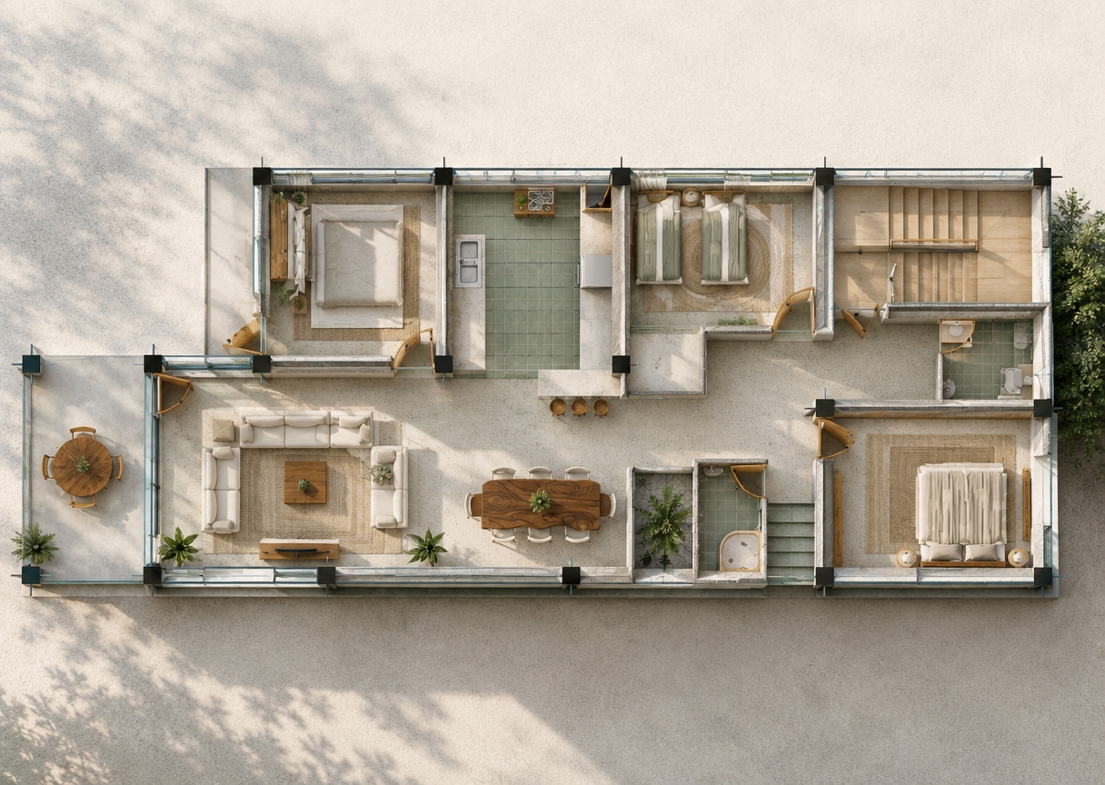 An incredibly lifelike, richly detailed, photorealistic top-down architectural photograph of a mid-century modern open-concept residence set in a sun-drenched coastal environment. The scene is illuminated by soft, natural morning daylight streaming in through floor-to-ceiling glass sliders and lush internal open-air patios, creating an airy, sophisticated, and tranquil atmosphere. Captured with a high-end RED digital camera and a razor-sharp wide-angle architectural lens, emphasizing the rich, organic grain of the sculptural live-edge walnut dining table, the cool sheen of seamless polished terrazzo flooring, and tailored linen upholstery in the adjacent lounge. Elegant molded dining chairs tuck neatly beneath the dining surface, flanked by sleek breakfast bar stools at the tiled kitchen boundary and verdant indoor plants that bridge the seamless flow between the interior living quarters and serene open courtyards.