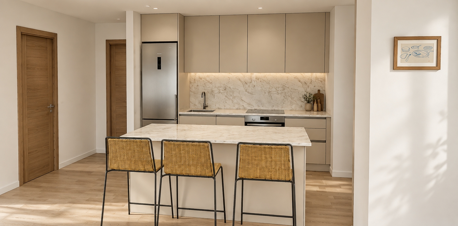 A professional architectural interior photograph precisely preserving the kitchen's geometry, materials, and framing under soft, natural daylight. The shot emphasizes realistic surface textures: smooth matte beige cabinetry, finely veined stone countertops and backsplash, brushed stainless steel appliances, authentic wood grain on the doors, light oak flooring, and textured yellow woven fabric on the barstools' slender black frames. Captured with a sharp 35mm lens, featuring balanced warm interior illumination, soft natural shadows, and subtle ambient reflections.