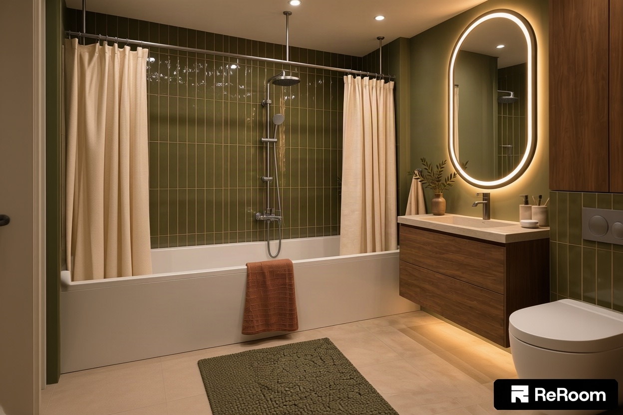 An architectural interior photograph of the modern bathroom, captured straight-on with a wide tilt-shift lens to preserve precise, parallel vertical lines with zero perspective distortion. The scene is illuminated by warm 2800K recessed ceiling downlights, creating gentle, natural light pools across the matte off-white ceiling and large-format warm beige floor tiles, balanced by the luminous diffuse halo of the capsule-shaped backlit mirror and the soft under-cabinet LED wash beneath the floating walnut vanity. The vertical-stacked olive green subway tiles display glossy glaze imperfections, subtle handmade surface undulations, and crisp grout lines catching grazing highlights, contrasted against the smooth matte olive painted walls. The rich walnut cabinetry and floating drawers exhibit authentic timber grain, natural color variations, and fine shadow gaps between panels. The stacked white laundry appliances reveal realistic drum glass reflections, subtle seam lines, and matte-finished control dials. Tactile textures are accentuated by the heavy weave of the chunky knit olive floor runner, the soft organic drape and micro-wrinkles of the linen shower curtain, the textured terracotta waffle towel resting on the tub edge, and the crisp brushed nickel finish of the shower fixtures. Faint natural vignetting, delicate film grain, and realistic depth of field bring an authentic, lived-in editorial quality to the finished photograph.