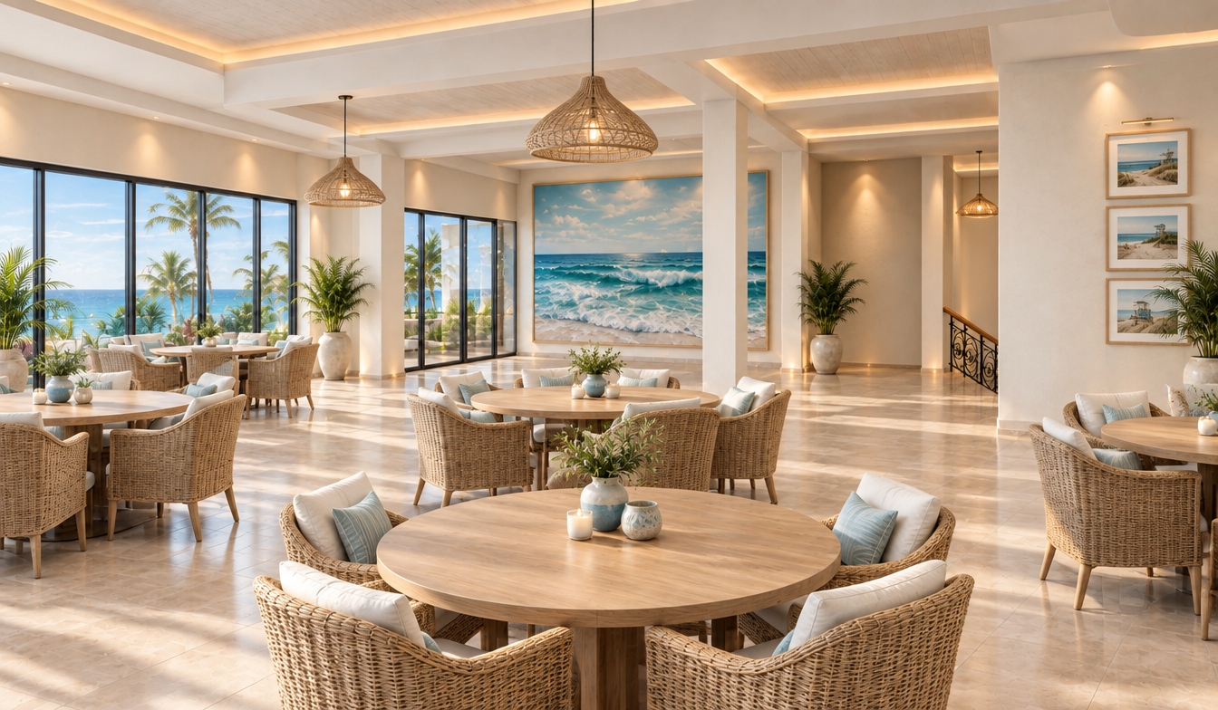 An incredibly lifelike, richly detailed, photorealistic wide-angle interior photograph of an airy, coastal-inspired fine dining restaurant set in a sunlit oceanfront resort pavilion. The scene is illuminated by radiant, sun-kissed daylight pouring through expansive glass walls blended with subtle, warm perimeter cove lighting, creating a relaxed, fresh, and inviting beachside atmosphere. Captured with a professional medium format camera and a 24mm wide-angle lens, emphasizing the organic textures of woven wicker, bleached oak woodgrains, and smooth, sand-toned matte limestone flooring.
The reimagined space embraces a serene coastal breeze aesthetic, replacing heavy, dark finishes with a refined palette of crisp whites, seafoam tones, soft navy, and sandy neutrals. Elegant round dining tables crafted from natural light ash are encircled by comfortable woven rattan armchairs with tailored off-white linen cushions. In place of the bold abstract wall, an expansive, framed seascape art installation captures rolling coastal waves, visually connecting the interior to the lush palms and ocean views just outside the open glass doors. Uncluttered surfaces accented with artisanal ceramic vessels, coastal photography books, and lush potted greenery complete this sophisticated, laid-back seaside retreat.