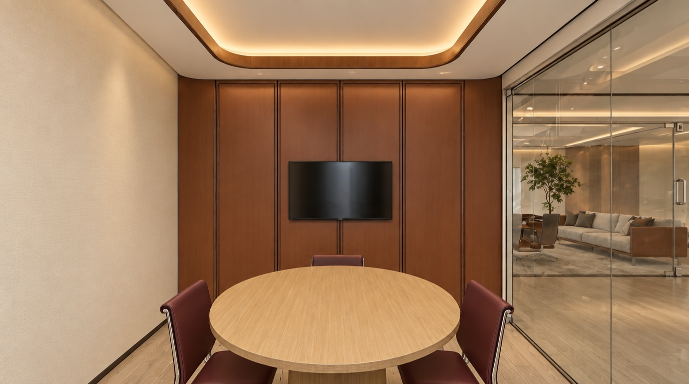 A photorealistic architectural interior photograph capturing the exact meeting room layout, illuminated by warm, diffused hidden cove lighting tracing the curved ceiling recess alongside soft ambient office light. The scene preserves all existing textures and finishes, featuring a natural light-oak grain on the circular table, rich satin-finished warm-brown paneling on the rear wall, subtle reflections across the mounted television, and realistic transparency with faint reflections on the glass partition. Shot at eye level with a standard architectural lens, the image displays clean exposure, gentle contact shadows, and natural photographic depth while keeping all geometry strictly intact.