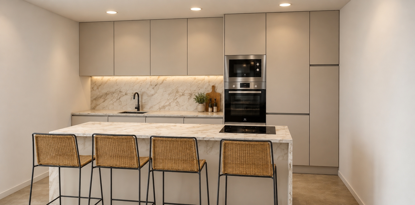 A clean interior architectural photograph preserving the exact composition and geometry of the modern kitchen. The smooth, matte beige cabinetry features realistic panel seams and subtle specular highlights, paired with the soft, polished veining of the marble backsplash and island waterfall countertop. Woven texture is clearly defined across the four stool backrests with thin, matte black metal legs resting on the neutral floor. The stainless steel and dark glass built-in appliances reflect the room with authentic clarity, alongside the gloss of the black induction cooktop and the matte finish of the black gooseneck faucet. Overhead recessed lighting casts soft, diffused warm illumination with natural contact shadows and subtle gradient falloff, captured with sharp focus, realistic material physics, and gentle lens depth.