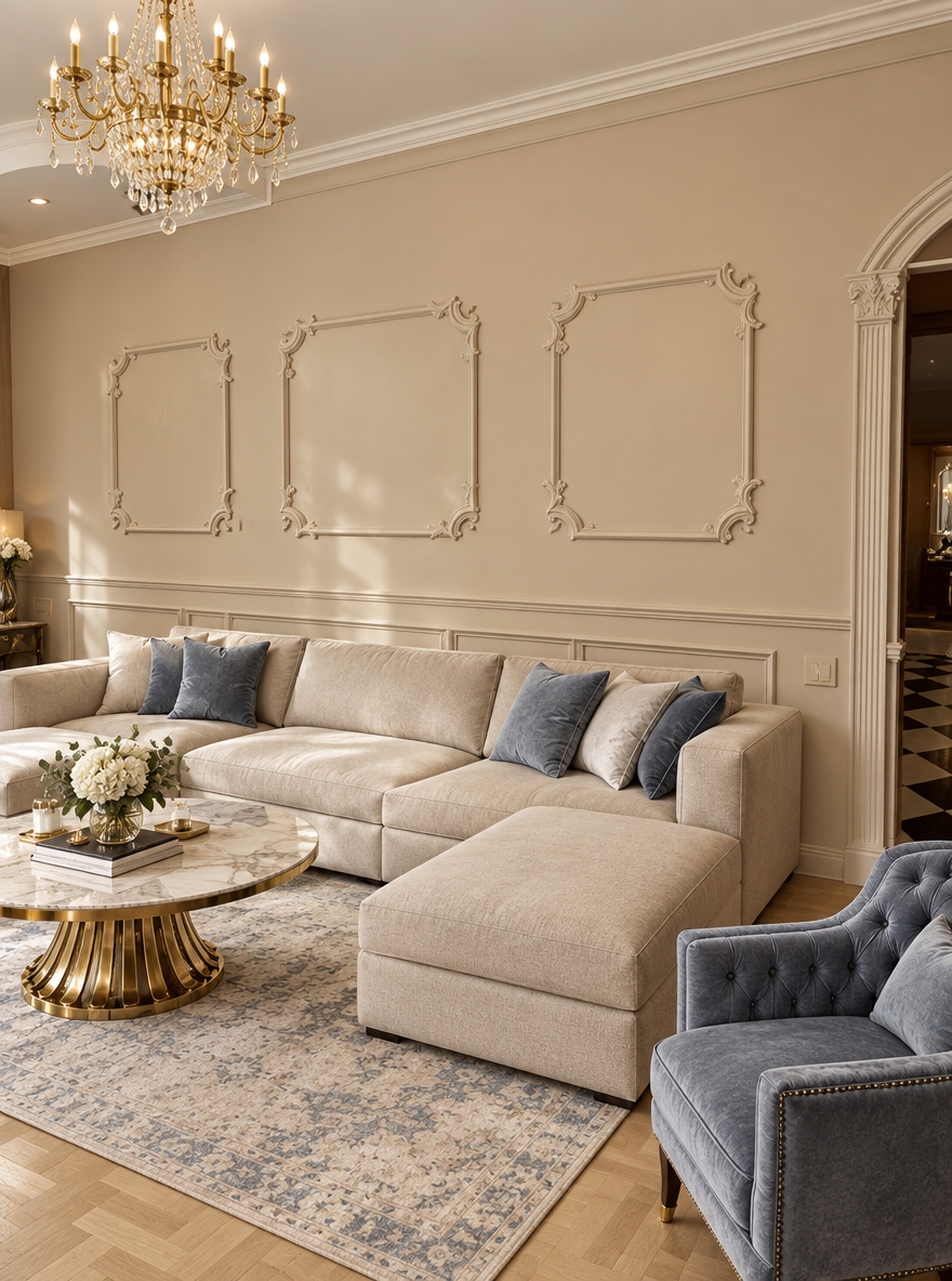 An incredibly lifelike, richly detailed, photorealistic wide-angle interior photograph of an elegant Art Deco glamour living room set in a sophisticated, reimagined residence. The scene is illuminated by soft, natural autumn midday light pouring in from adjacent windows paired with the warm, radiant glow of an opulent central chandelier, creating an inviting, chic, and harmonious atmosphere. Captured with a full-frame camera using a 24mm f/8 architectural lens, emphasizing tactile upholstery, brushed metallic lusters, and precise classical woodwork. 

The walls are treated in a soothing, seamless warm beige, with classical decorative moldings integrated and finished in the exact matching tone for a timeless monochromatic elegance. Underfoot, the floor is replaced with premium light-wood parquet laid in a refined pattern, grounded by a plush area rug that subtly weaves together cream, ivory, and soft blue tones. Centered and stretching into the right foreground is a generously proportioned beige sectional sofa with an ottoman, accented by tailored slate grey-blue velvet throw cushions and paired with a classic tufted armchair in matching muted blue. Completing the seating vignette, a luxurious coffee table with a polished stone surface and a sculpted golden base rests in the center, perfectly reflecting the ambient shimmer of a majestic classical gold chandelier suspended from the crisp, smooth matte-white ceiling.