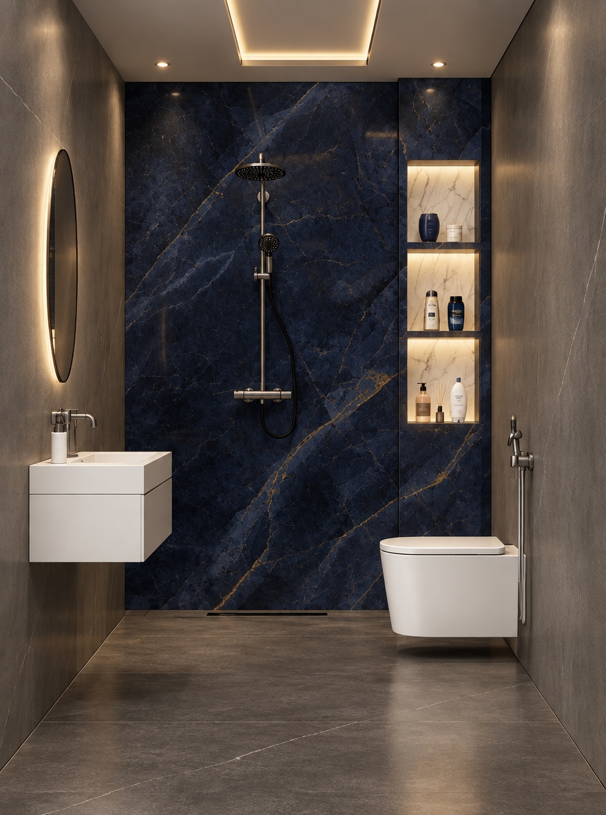 An incredibly lifelike, richly detailed, photorealistic interior shot of a minimalist luxury bathroom set in a contemporary urban residence. The scene is illuminated by soft, diffused recessed lighting that highlights the deep, opulent textures of the space, creating a serene and zen-inspired atmosphere. Captured with a wide-angle 35mm lens, emphasizing the dramatic contrast between the striking deep navy blue marble slab back-wall with its golden veining and the smooth, matte charcoal stone flooring.

The bathroom is a masterclass in uncluttered, streamlined design. To the left, a floating white geometric vanity paired with a slender, circular mirror exudes elegance, while a wall-mounted, white porcelain toilet maintains the clean floor lines on the right. A recessed vertical shelf, lined with pristine white marble and bathed in warm accent light, holds curated toiletries, serving as a functional piece of abstract wall art. The room feels expansive and balanced, with the interplay of cool gray tones and the bold, saturated blue creating a sophisticated, high-end sanctuary that feels both tranquil and undeniably modern.