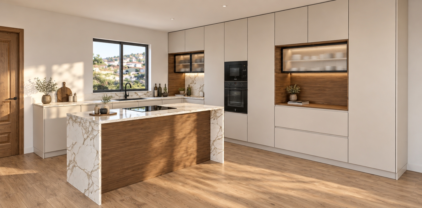 A clean architectural photograph of the kitchen preserving the exact layout, perspective, and finishes, captured with a sharp wide-angle lens. Realistic morning sunlight streams through the window, casting soft directional shadows and authentic reflections across the polished Calacatta marble waterfall island and countertops. The matte off-white cabinetry, rich natural wood grain on the island and alcoves, light wood floorboards, and black appliances feature tactile surface micro-textures and subtle real-world imperfections. Balanced interior ambient light naturally illuminates the room with neutral color temperature, subtle optical falloff, and photographic depth.