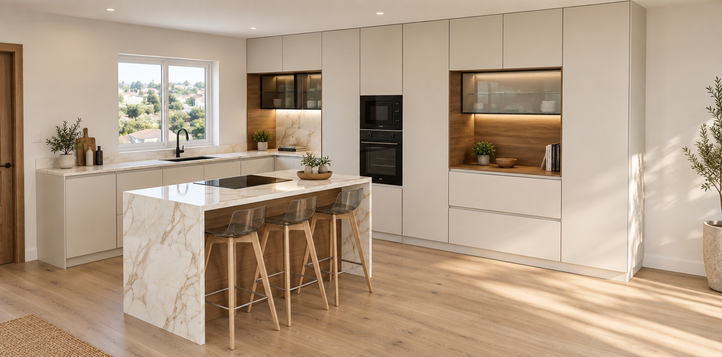 A photorealistic architectural photograph capturing the exact modern kitchen layout and perspective, illuminated by soft natural daylight entering through the window paired with warm ambient interior fill. All textures and details are rendered with precise material physics, featuring smooth matte off-white cabinetry, rich natural wood grain in the recessed accents, and polished white Calacatta marble with delicate, authentic veining on the countertops and waterfall island. Realistic reflections glance off the glossy black built-in appliances, induction cooktop, and smoked translucent barstools, captured through a crisp wide-angle lens with straight vertical perspective and subtle depth of field.