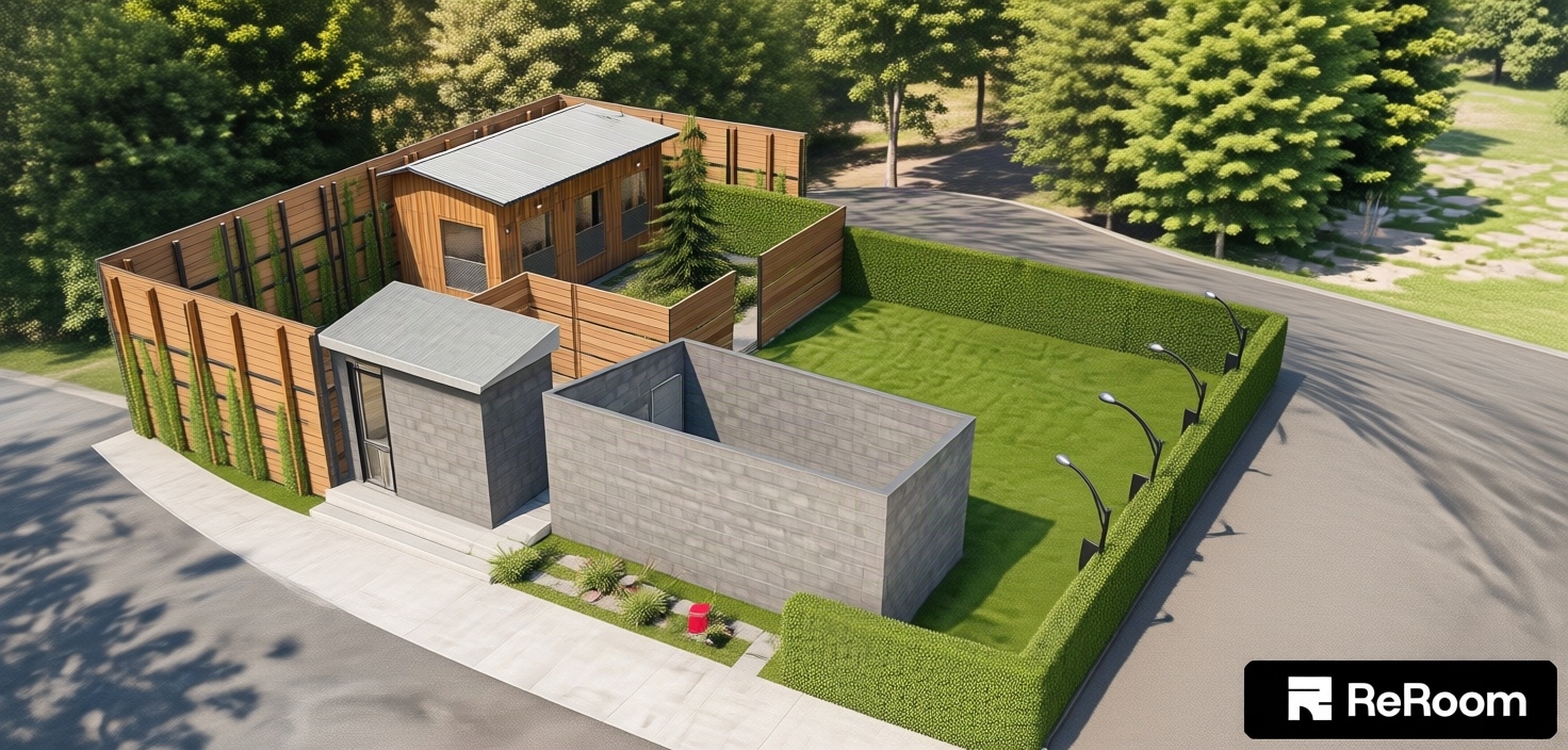 An incredibly lifelike, richly detailed, photorealistic high-angle aerial view of a contemporary urban outdoor garden and minimalist haven set in a tranquil residential compound. The scene is illuminated by brilliant midday summer sunlight casting sharp, architectural shadows, creating a serene, calm, and uncluttered atmosphere. Captured with a high-resolution architectural camera using a 24mm wide-angle lens, emphasizing the rich, manicured green turf, textured concrete masonry, and warm natural grain of the horizontal timber privacy screens. Seamlessly blending simplicity and function, the streamlined layout connects an open, expansive lawn to an intimate courtyard with paved walkways, zen-inspired slatted partitions, and minimalist accents in monochromatic tones of concrete gray and warm wood, forming an elegant, clutter-free retreat bathed in bright daylight.