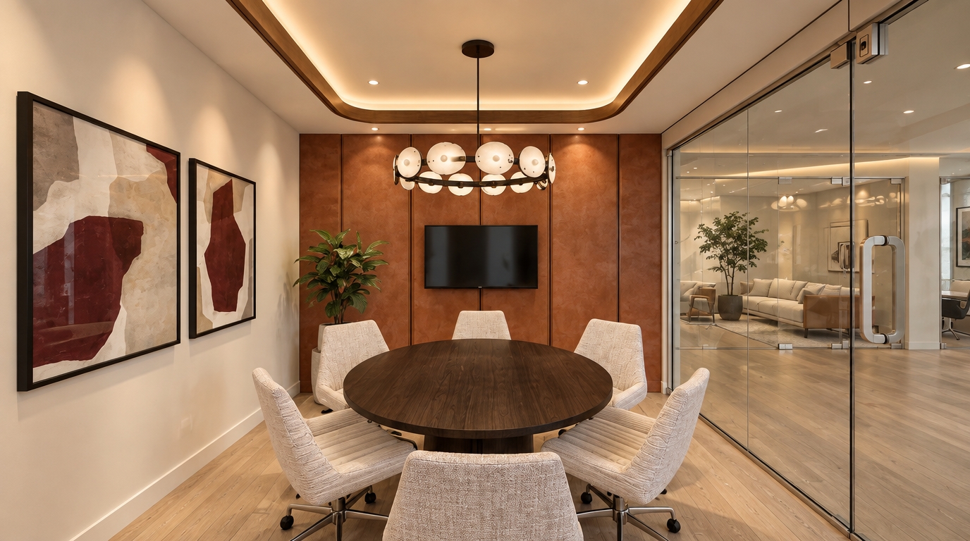A photorealistic interior photograph perfectly preserving the exact geometry, materials, and composition of the meeting room. Warm hidden cove lighting softly illuminates the recessed ceiling, complemented by a gentle, realistic glow emitted from the modern disc chandelier above the dark wood grain conference table. Clean ambient light enhances the room, creating subtle reflections across the clear glass partition and framed art, while bringing out the tactile weave of the upholstered chairs and the matte texture of the terracotta wall panels, all captured with sharp architectural focus and natural soft shadows.