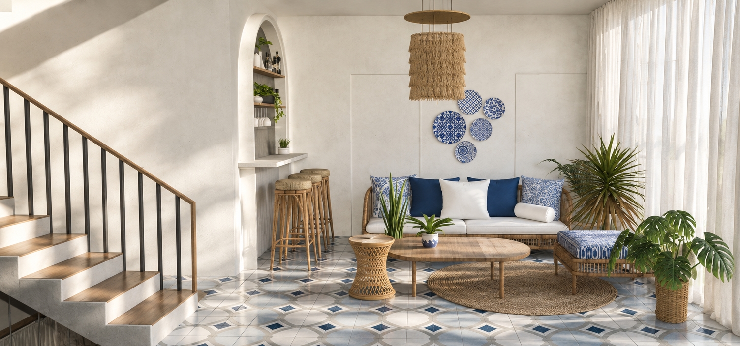 An incredibly lifelike, richly detailed, photorealistic interior shot of a minimalist living room sanctuary set in a sun-drenched, coastal-inspired villa. The scene is illuminated by soft, diffused natural light filtering through sheer floor-to-ceiling curtains, creating a serene, Zen-inspired atmosphere. Captured with a 35mm lens, the rendering emphasizes the interplay between the crisp, plaster-white walls and the intricate, hand-painted geometric floor tiles.

The space feels like a page from a high-end photography book, defined by an uncluttered and functional layout. A low-profile, woven rattan sofa serves as the centerpiece, cushioned with plush indigo and crisp white linens that echo the playful, abstract blue ceramic plates mounted on the wall. To the side, a sleek architectural staircase with slender dark metal balusters adds a sharp, modern contrast to the organic textures of the woven pendant light and the artisanal coffee table. Lush indoor greenery, including a vibrant dracaena and a sprawling monstera, punctuates the monochromatic palette with life. The composition is perfectly balanced, offering a sense of calm and streamlined elegance where every surface remains beautifully sparse, reflecting a sophisticated, mindful aesthetic.