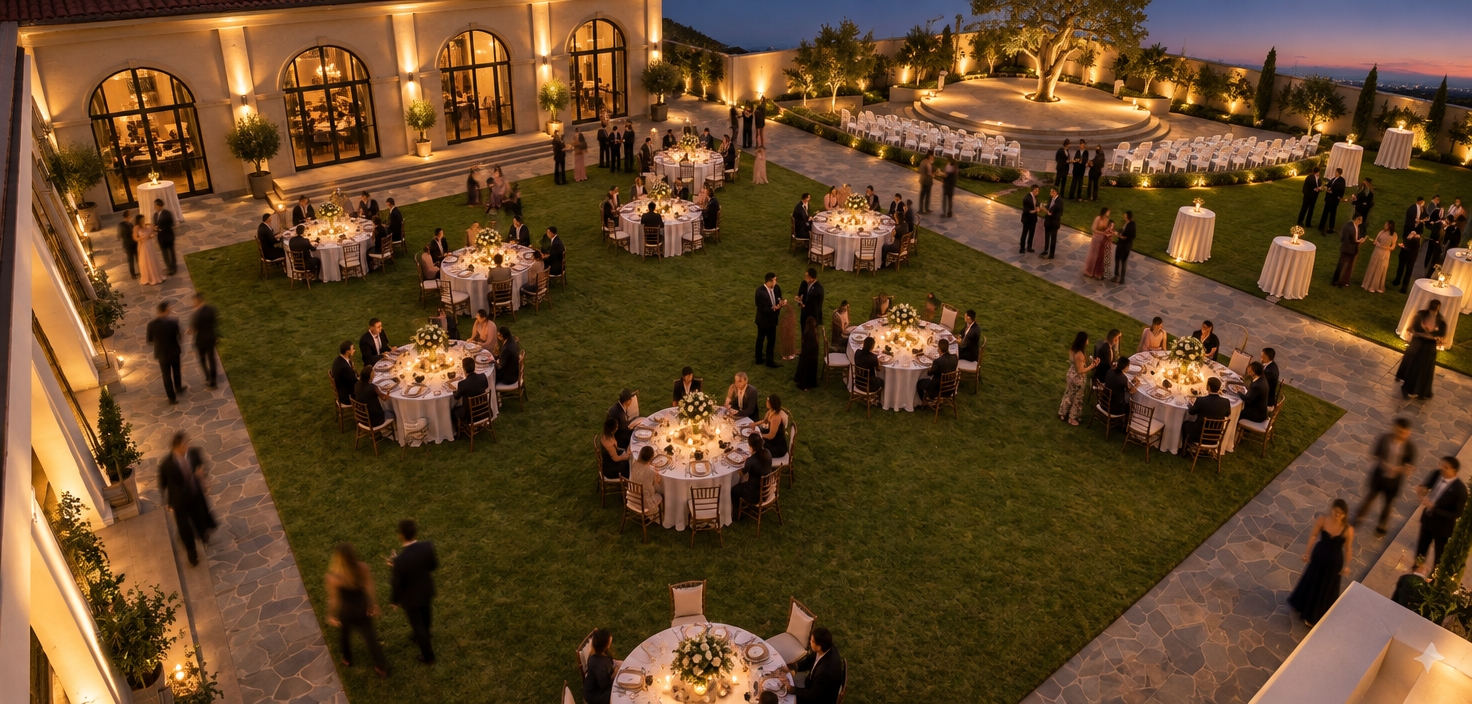 Dusk architectural photograph of the exact courtyard venue captured under a deep indigo twilight sky with a soft sunset horizon glow. The central lawn is detailed with rich, manicured green grass holding elegantly set round tables draped in realistic white linens, surrounded by natural textured slate flagstone pavers. Warm, amber up-and-down architectural sconces graze the classical facade walls, complemented by focused warm stage lighting illuminating the tiered amphitheater and central tree. Elegantly dressed guests mingle naturally throughout the scene with subtle, realistic motion blur, captured via a sharp wide-angle lens with balanced exposure, natural shadows, and lifelike material textures.