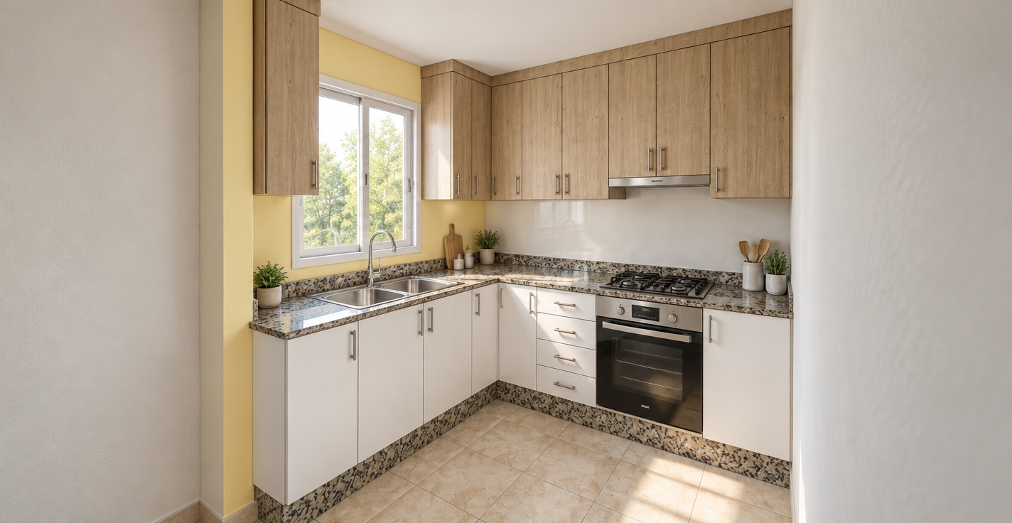 A photorealistic architectural photograph capturing the exact kitchen composition and geometry, illuminated by soft daylight through the window and natural ambient indoor light. The upper cabinets display authentic light wood grain, paired with clean satin-white base cabinets and brushed metallic hardware. Polished speckled granite on the countertops and kickplates reflects subtle environmental light, complemented by a realistic stainless steel double sink and integrated oven cooktop. The pale yellow wall, neutral white surfaces, and beige floor tiles show tangible micro-textures, true material physics, soft contact shadows, and realistic photographic depth of field.