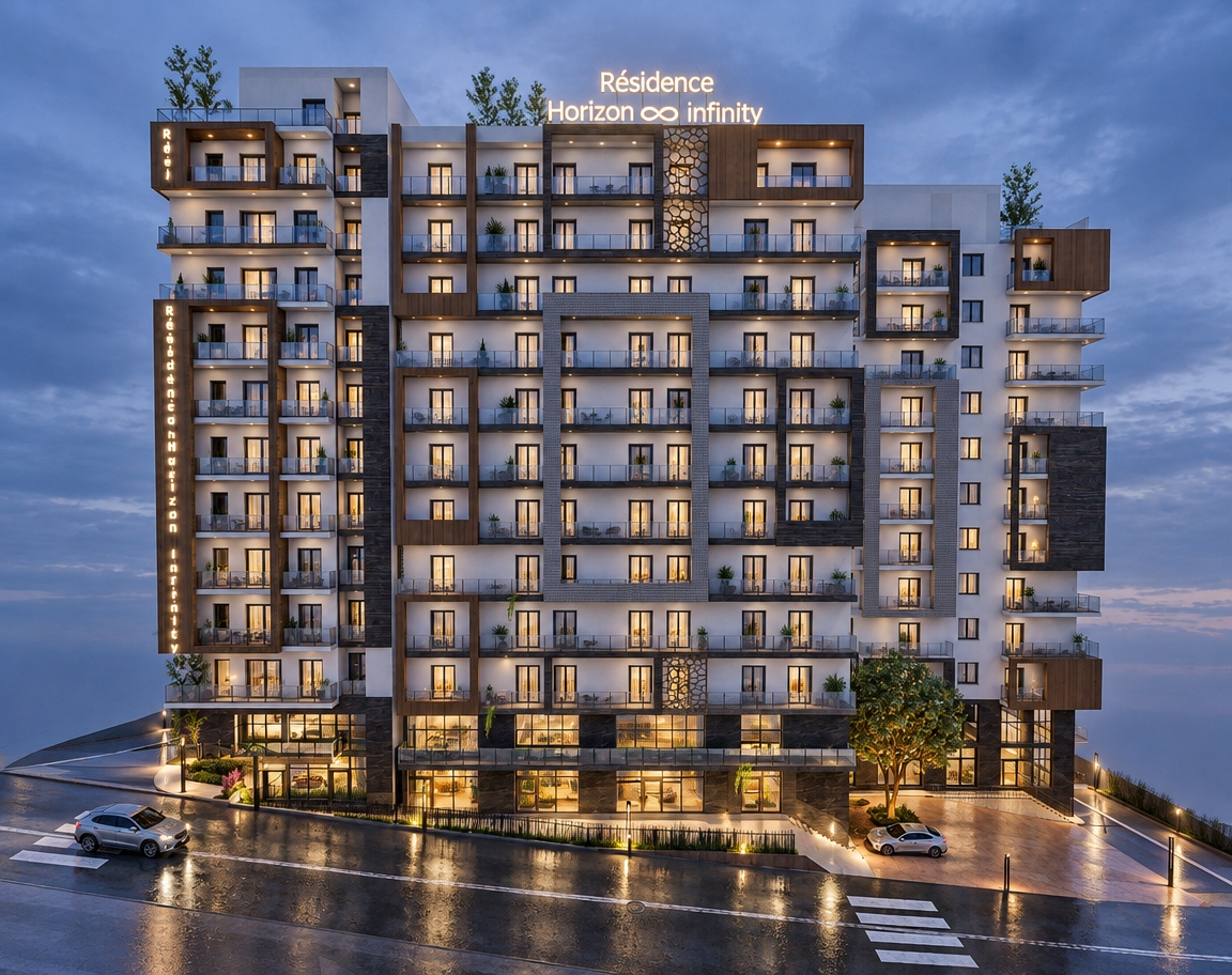 Cinematic architectural photograph of the modern residential building captured during early evening blue hour, preserving the exact geometry, perspective, and composition against an open, overcast twilight sky with no background buildings. Cool blue ambient skylight envelops the exterior, beautifully contrasting with warm interior lighting glowing softly through apartment windows and ground-floor glass. Facade materials feature authentic textures, matte concrete, and detailed wood-grain cladding, while balcony glazing and the asphalt roadway display realistic dusk reflections. Shot on a sharp architectural tilt-shift lens with soft atmospheric haze, gentle vignetting, and subtle photographic grain.