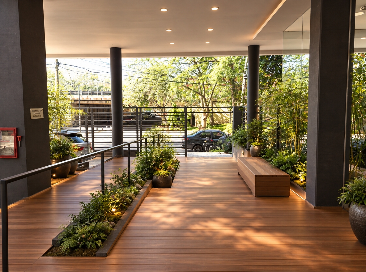 An incredibly lifelike, richly detailed, photorealistic wide-angle shot of a reimagined luxury entranceway and transitional covered patio set in an upscale Japanese Zen-inspired residence. The scene is illuminated by bright, dappled midday spring light filtering from the courtyard combined with soft, warm LED downlighting recessed into the crisp ceiling, creating a serene, tranquil, and deeply inviting atmosphere. Captured with a high-end full-frame camera and a 24mm tilt-shift lens, emphasizing the fine linear grain of natural warm teak decking, smooth charcoal structural pillars, and the vibrant, organic textures of curated foliage. 

The original utilitarian floor is replaced with premium, horizontally oriented natural wood deck planks that flow seamlessly down the tiered steps and along the left-side ramp, elevating the entire transitional space into an oasis of calm. Along the descending ramp on the left, a slender, minimalist matte-black handrail provides safety while maintaining pure, clean architectural sightlines. To the right, the wide stair landing naturally incorporates a built-in, low-profile square wooden bench crafted from matching timber, offering a restful pause. Flanking the pathways, integrated sunken garden troughs and elegant ceramic planters overflow with lush Zen greenery—delicate ferns, sculptural dwarf bamboo, and mossy undergrowth—all subtly washed in gentle, warm accent lighting that accentuates organic textures against modern Asian minimalism.
