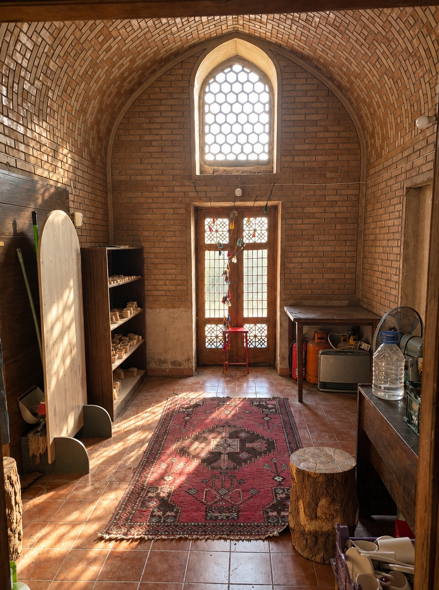 A sharp eye-level photograph captures the vaulted brick workshop bathed in natural daylight streaming through the rear arched lattice window and doorway. The scene maintains its exact structure and furnishings, showcasing tactile brick textures, terracotta floor tiles, and the woven red rug. Soft sunlight creates natural highlights across the wooden work surfaces, display shelving, and tools. Shot on a 35mm lens with balanced dynamic range, the image features a warm color temperature, realistic dust motes dancing in sunbeams, fine organic film grain, subtle edge vignetting, and authentic surface wear.