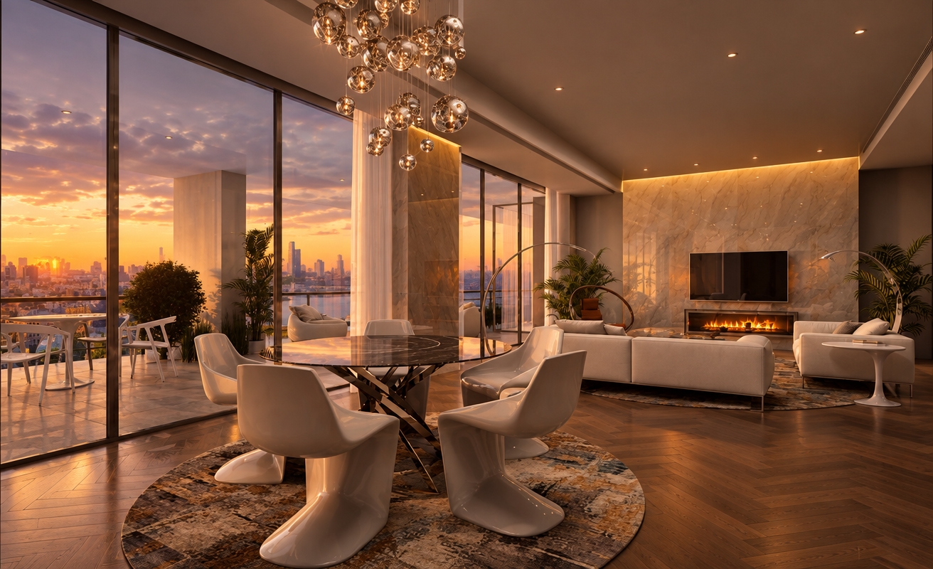 An incredibly lifelike, richly detailed, photorealistic interior photo of a luxurious minimalist haven set in a high-rise urban apartment overlooking a city during an autumn sunset. The scene is illuminated by the golden, honeyed glow of the setting sun casting long, soft shadows, mixed with the warm, flickering amber light of a crackling fireplace, creating an intimate and cozy evening atmosphere. Captured with a 35mm wide-angle lens, emphasizing the rich texture of the deep-toned herringbone parquet flooring, the polished marble wall, and the intricate sparkle of dozens of suspended crystal spheres dancing above the dining table. 

The living space exudes refined comfort; the matte ceiling softens the ambient light, while the seamless transition to the outdoor terrace reveals sophisticated tiling under a dusky, violet-streaked sky. The composition perfectly balances the open-plan dining area with the plush white seating of the lounge, where reflections dance across the glossy surfaces. Beyond the expansive floor-to-ceiling glass, the sprawling cityscape is bathed in the fading warmth of the autumn dusk, grounding the interior in a serene, high-end metropolitan context.