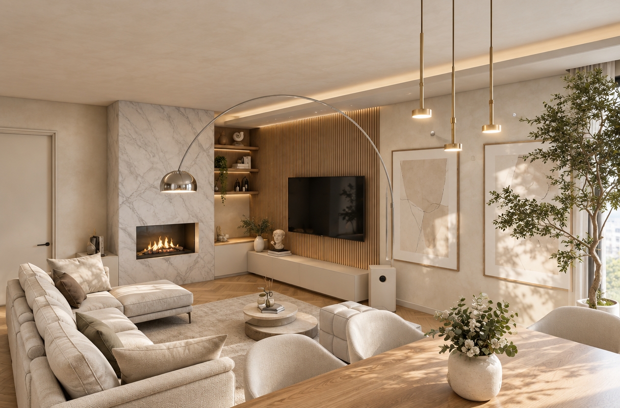 An incredibly lifelike, richly detailed, photorealistic wide-angle interior shot of a sophisticated, sun-drenched living room set in a luxurious contemporary apartment. The scene is illuminated by soft, natural afternoon light filtering through large windows, creating a serene and welcoming atmosphere. Captured with a 35mm wide-angle lens, emphasizing the rich textures of the herringbone oak flooring and the velvety depth of the plush sofa upholstery. 

The room exudes contemporary elegance, anchored by a striking modern fireplace clad in pristine, veined Carrara marble. The wall behind the sleek, ultra-thin television features a sophisticated vertical-slat timber boiserie, adding warmth and rhythmic texture to the ivory-toned lime-washed walls. Above the dining area, a sculptural modern chandelier with slender metallic lines descends gracefully, acting as a focal point. A sprawling arc floor lamp stretches over the seating area, perfectly balancing the composition. Lush indoor greenery, including a tall, slender tree beside the window and delicate tabletop botanicals, brings a vibrant, organic touch to the minimalist design, while the refined furniture selection creates a sense of effortless, high-end living.