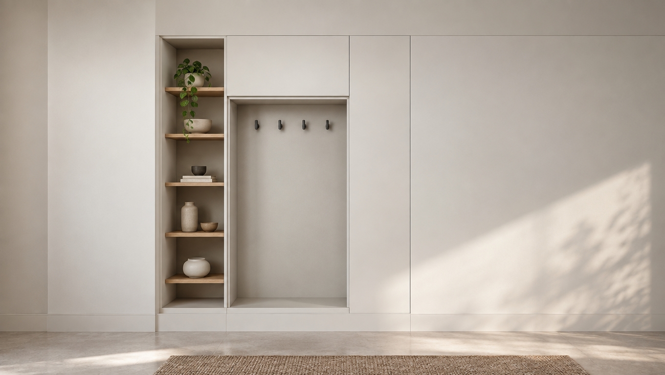 An incredibly lifelike, richly detailed, photorealistic interior shot of a minimalist entryway storage unit set in a serene, modern home. The scene is illuminated by soft, diffused morning light streaming from an unseen window, creating a calm and airy atmosphere. Captured with a 35mm lens, the image emphasizes the clean matte finish of the floor-to-ceiling cabinetry and the warm, organic grain of the recessed shelving.

The custom millwork features a streamlined, monochromatic design in shades of crisp off-white and cool gray. On the left, an open vertical niche displays five floating wooden shelves, perfectly organized to hold a curated selection of minimalist pottery and a small, vibrant green trailing plant that adds a touch of life to the neutral palette. Adjacent to this, a recessed bench area provides functional storage, featuring sleek, charcoal-toned metal hooks that contrast beautifully against the pale walls. The composition is uncluttered and intentional, embodying a Zen-inspired aesthetic where every element serves both purpose and beauty. The smooth transitions between the cabinetry and the surrounding walls are seamless, emphasizing the high-end craftsmanship and the sophisticated, uncluttered nature of this contemporary living space.