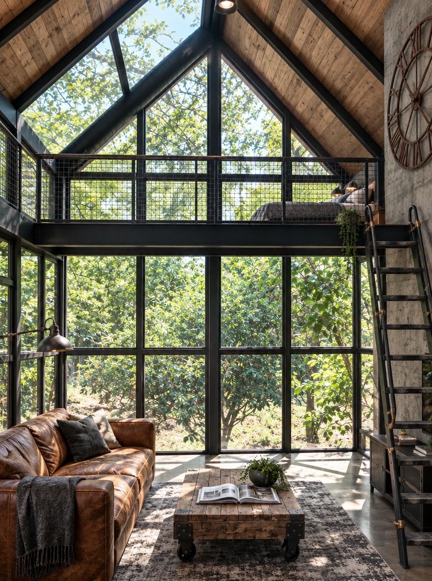 An incredibly lifelike, richly detailed, photorealistic wide-angle eye-level interior shot of an industrial loft-style living room set in a sun-drenched summer forest pavilion. The scene is illuminated by bright midday sunlight pouring through full-height, blackened steel mullioned windows, casting sharp geometric shadows and creating a vibrant, rugged, and spacious atmosphere. Captured with a 24mm wide-angle lens on a full-frame camera, emphasizing the tactile patina of distressed leather, raw aggregate concrete flooring, and powder-coated architectural ironwork. 

The reimagined space swaps raw pine for an urban warehouse aesthetic in shades of charcoal black, slate gray, and oxidized rust. Anchoring the ground floor, a deep vintage cognac-leather sofa sits atop a distressed gray wool rug, accompanied by a heavy reclaimed wood and cast-iron industrial coffee table displaying an open art photography book. Exposed charcoal steel beams and a suspended matte-black spiral duct frame the upper mezzanine, where a welded black steel and wire-mesh railing replaces the wooden slats. Mounted on an adjacent raw concrete accent column, an oversized open-face rusted metal skeleton clock commands attention, while a sleek blackened-steel ladder with knurled brass fittings provides functional access to the airy sleeping loft above, framing unobstructed panoramic views of the verdant tree canopy outside.