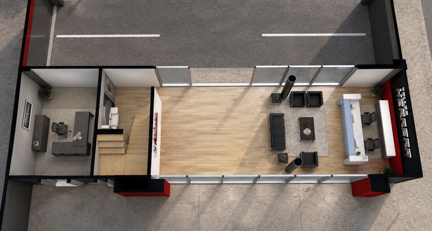 The photo presents a detailed overhead view of a contemporary architectural interior, masterfully designed as a minimalist haven serving as a sophisticated exhibition space. The expansive main hall features a calm, light beige floor, extending towards a series of large, light blue-tinted windows along the lower edge that promise ample natural illumination. Within this open area, sleek, low-profile seating in dark grey or black, accompanied by complementary end tables, forms inviting conversational zones, grounded by a subtly textured area rug in a muted, mottled grey. A bold black cylindrical column acts as a central architectural feature, enhancing the modern aesthetic. To the right, a striking white reception or display counter is integrated, furnished with ergonomic chairs, backed by a dramatic black wall featuring a prominent white text graphic and a vibrant red vertical stripe, adding a dynamic accent. On the left side of the floor plan, a more private office space is delineated, appointed with light wood-finished desks and storage, leading to a substantial wooden staircase that ascends, hinting at further levels within the structure. The surrounding external environment, primarily visible at the top, appears to be a paved area, possibly a road or parking lot, bordered by the building's stark black exterior walls and distinctive red architectural overhangs that provide a modern, contrasting flourish. The overall composition emphasizes clean lines, functional elegance, and a restrained color palette, creating an atmosphere of refined tranquility ideal for showcasing products or art.