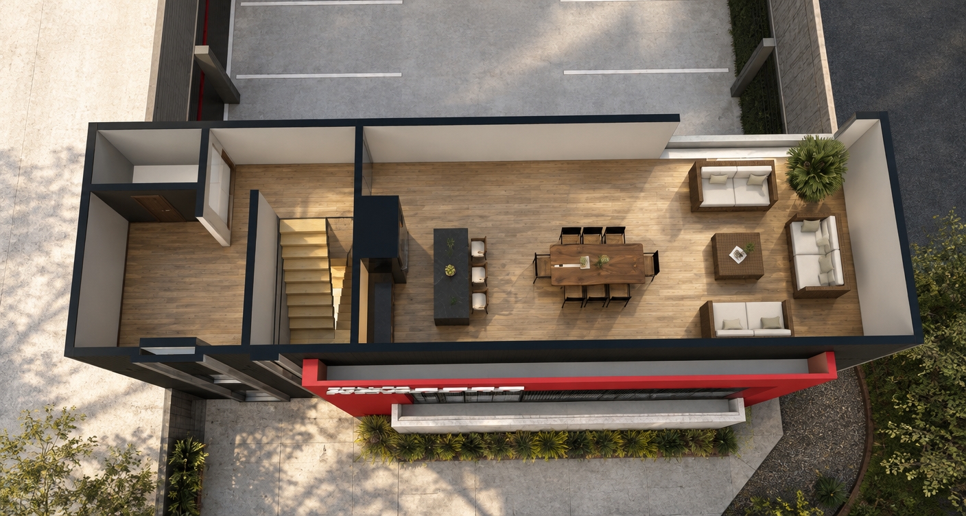 The photo captures a high-angle, isometric view of a modern ground-floor commercial or retail space, presenting it as a minimalist haven with the clear potential for an exhibition space. The architectural design showcases clean lines and a contemporary aesthetic, featuring a simple palette of light greys, whites, and strategic dark accents, creating an uncluttered and sophisticated atmosphere. The exterior of the building is streamlined, with a prominent, vibrant red canopy or awning stretching across the main facade, hinting at a dynamic entrance or display area, possibly with integrated lighting due to its geometric perforations. Adjacent to the building, a neatly striped grey parking lot and a darker street or sidewalk define the urban context, contrasting with the building's bright interior.

Inside, the open-plan layout immediately conveys functionality and a welcoming feel. To the left, a light-toned wooden staircase, perhaps with open risers and dark structural elements, leads to another level, suggesting a multi-story function. Nearby, a sleek, dark grey counter or bar area is positioned, ideal for a reception or refreshment station. The central area unfolds as an inviting exhibition space, anchored by a striking, organic live-edge wooden dining table that features prominent grain and a natural central fissure, surrounded by eight modern chairs with dark frames and lighter, possibly woven seats. Further into the space, a lounge area forms a comfortable gathering spot, composed of two generously proportioned sofas and a square coffee table, all crafted from a dark woven material with plush white cushions. A single, lush green palm-like plant adds a touch of natural vibrancy to this otherwise pristine interior. The overall composition emphasizes spatial flow and curated visual interest, with each piece of furniture acting as a sculptural element within the carefully defined zones, reinforcing the impression of a well-designed, functional minimalist haven.