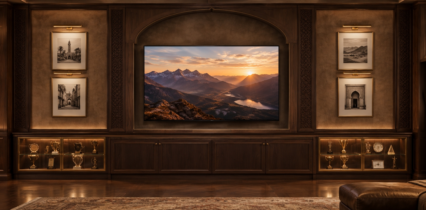 An incredibly lifelike, richly detailed, photorealistic eye-level interior shot of a sophisticated study room, masterfully blending classic European architectural elements with a subtle Moroccan mystique. The scene is illuminated by warm, diffused hidden LED accent lighting and precise, focused art lights, creating a serene, scholarly, and luxurious atmosphere. Captured with a 35mm lens, emphasizing the deep, rich grains of the dark mahogany millwork and the soft, velvet-like texture of the plaster-finished walls.

The media wall serves as the room's grand centerpiece, maintaining the original layout but refined with a modernized classic sensibility. The heavy, ornate carvings have been streamlined into clean, geometric lines that nod to North African arch motifs, featuring delicate, repetitive patterns in the woodwork that suggest Moroccan craftsmanship without overwhelming the space. The central television is framed by a simplified, elegant archway that provides a architectural frame rather than a heavy decorative one.

Flanking the television are four classic, matted monochrome prints held in minimalist, slender antique brass frames, each illuminated by slim, horizontal gallery lights that cast a soft, precise glow. Below, the lower cabinetry is grounded by a sleek, continuous silhouette; the glass-enclosed display cases on either side are now framed in thin, brushed brass, housing a curated collection of trophies and awards that catch the golden light, reflecting softly against the polished hardwood flooring below.

The color palette is a sophisticated study in tonal warmth, featuring deep espresso woods, champagne gold accents, and a muted, earthy plaster wall finish. The overall composition is perfectly symmetrical, drawing the eye toward the center of the wall where the vibrant, high-definition display of a golden-hour mountain landscape provides a stark, vivid contrast to the sophisticated, moody environment of the study. The interplay of shadows and light creates a sense of depth and timelessness, making the space feel both like a private sanctuary and a grand, historical library.