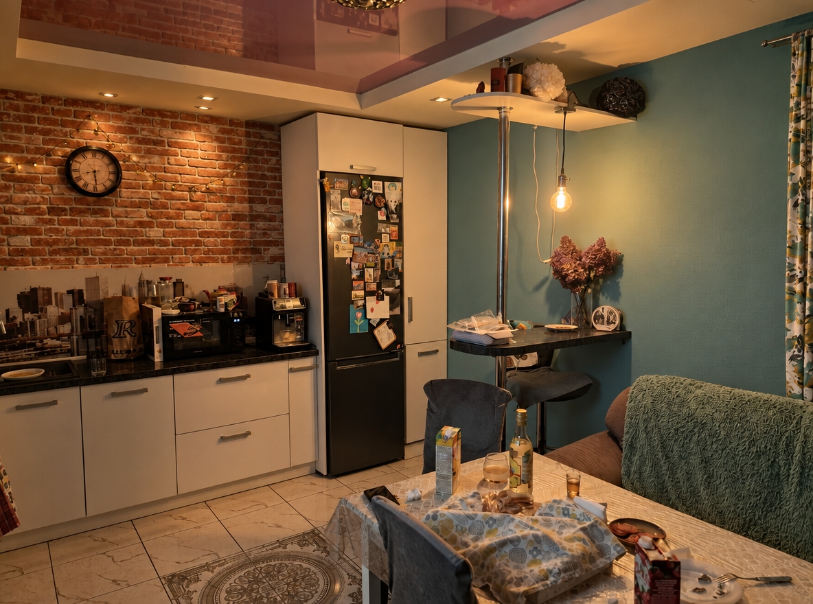 Authentic interior photograph maintaining the exact composition, geometry, and lived-in elements of the room, captured with a 35mm lens. The brick accent wall on the left is rendered as textured, rustic red brick with natural mortar, while the wall on the right is finished in a soft, warm matte turquoise. The cozy ambient glow from the hanging bulb casts realistic shadows and warm highlights across the newly colored surfaces and existing table setting. Natural indoor lighting, fine surface micro-textures, gentle vignetting, and subtle film grain complete the photorealistic atmosphere.