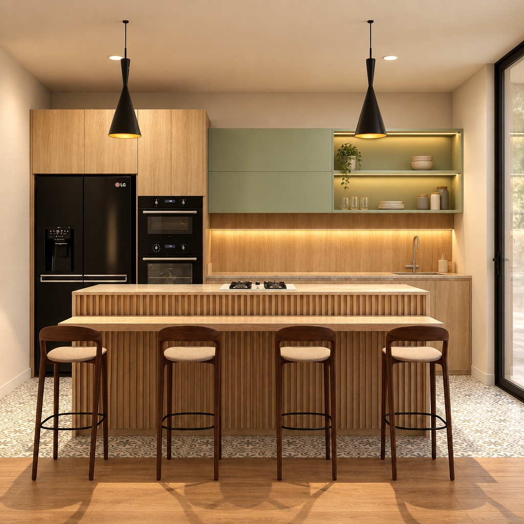 An incredibly lifelike, richly detailed, photorealistic eye-level kitchen shot of a minimalist haven set in a tranquil, contemporary home. The scene is illuminated by warm, honey-toned under-cabinet LED strips and the soft glow of elegant, cone-shaped pendant lights, creating a serene and zen-inspired atmosphere. Captured with a 35mm lens, emphasizing the rich, tactile contrast between the vertical fluted oak island and the smooth, matte sage-green cabinetry.

This kitchen embodies a functional elegance, where clutter-free surfaces meet a refined color palette of natural wood, soft white, and subtle pastels. The floor features a sophisticated transition from patterned ceramic tiles to warm oak hardwood, grounding the space in timeless style. Four sleek, dark wood bar stools with cream-toned seats line the island, which anchors the room with its modern, architectural precision. In the background, an integrated black LG refrigerator and matching built-in oven provide a sharp, monochromatic contrast to the lightness of the cabinetry. A subtle splash of color is introduced through the soft green open shelving, while the overall composition remains balanced, streamlined, and profoundly calm, perfectly capturing the aesthetic of a high-end interior design photography book.