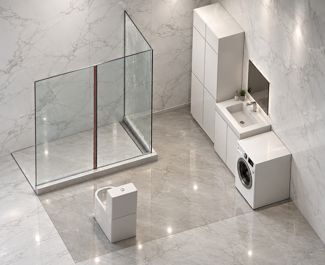 A realistic architectural photograph of the bathroom precisely maintaining the isometric high-angle perspective, spatial layout, and object positions of the reference model. The floor and wall surfaces feature large-format polished white porcelain tiles with soft, flowing gray marble veining, catching gentle reflections. The walk-in shower is enclosed by transparent tempered glass panels with subtle reflections and water-repellent sheen above a clean curb. Across the room, matte white cabinetry stands alongside the integrated vanity sink with chrome fixtures and the under-counter washing machine. The modern toilet is cleanly rendered in glossy white ceramic. Soft, neutral indoor overhead lighting produces natural, diffuse shadows across the gray floor, creating an authentic interior photo with balanced exposure and clean material textures.