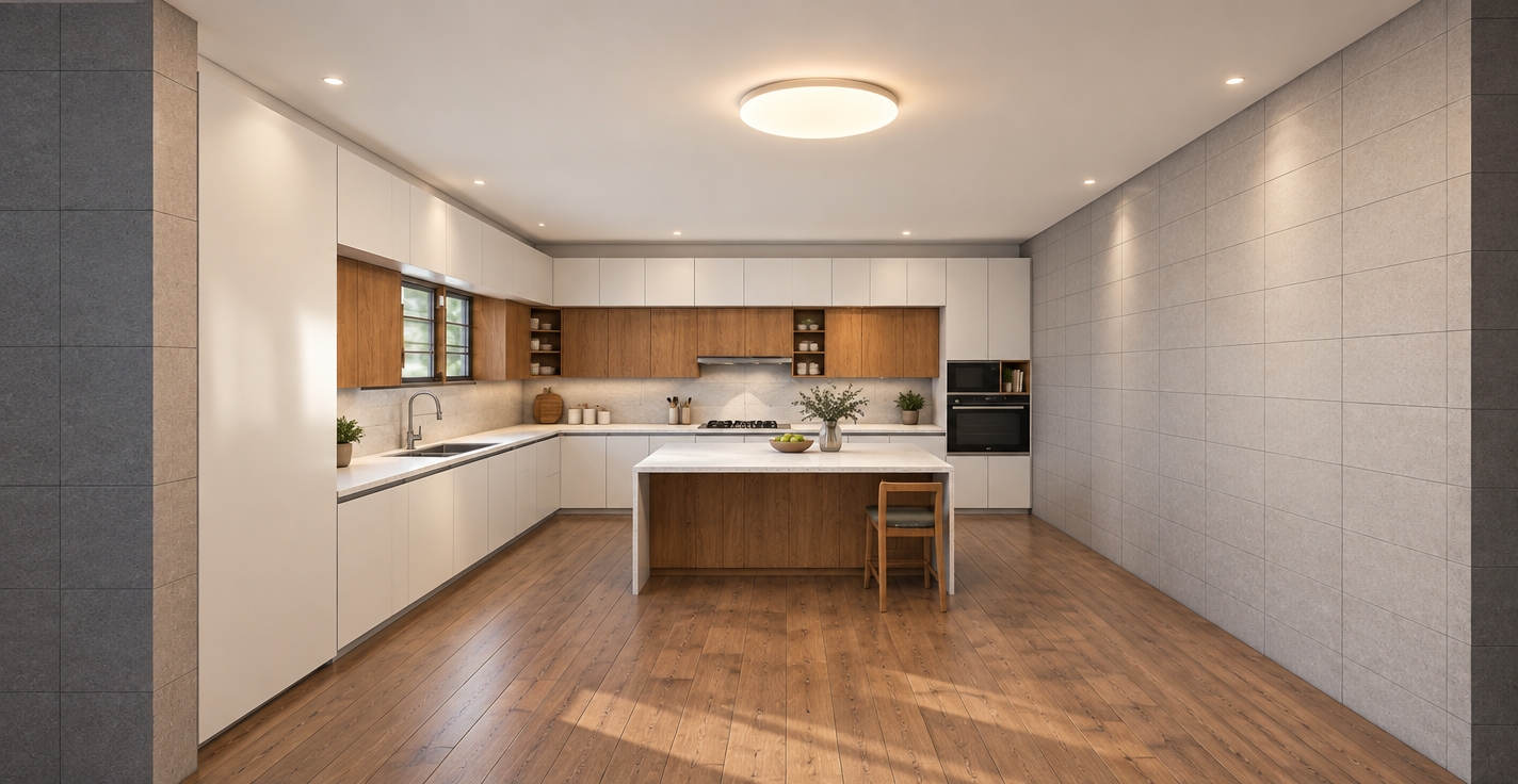 Architectural photograph preserving the exact wide-angle perspective and kitchen geometry under soft, realistic ambient lighting. The flat white cabinetry, warm wood veneer accents, and white countertops feature authentic micro-textures, gentle specular highlights, and natural contact shadows. Fine grout lines define the tiled walls, while the hardwood floor displays genuine plank variations and a soft satin sheen. Captured with a clean architectural tilt-shift lens, balanced natural exposure, subtle ambient occlusion, and faint photographic grain to replace artificial render surfaces with tangible realism.
