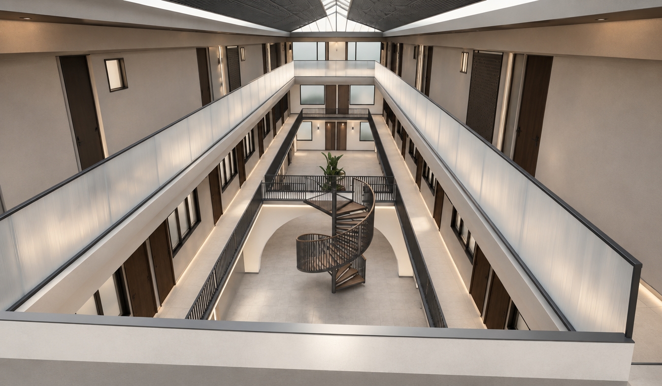An incredibly lifelike, richly detailed, photorealistic high-angle interior shot of a contemporary hotel central courtyard set in an urban boutique retreat. The scene is illuminated by soft, diffused daylight cascading from the overhead skylight, creating a serene and minimalist atmosphere. Captured with a wide-angle lens, emphasizing the crisp contrast between the matte-black metal detailing and the warm, inviting textures of the architecture.

The highest level of the courtyard is now defined by a sophisticated, continuous translucent polycarbonate privacy wall, secured within a slender matte-black metal frame. This elegant barrier softly diffuses the incoming light, creating a glowing, ethereal perimeter that maintains guest privacy while preserving the airy verticality of the space. Below, the striking spiral staircase serves as a sculptural centerpiece; its structure is meticulously crafted from slim, matte-black metal, featuring refined vertical balusters that provide a sense of transparency and rhythmic grace. The surrounding corridors remain untouched, showcasing a clean, modern aesthetic where the neutral walls and dark timber-finished doors harmonize perfectly with the new industrial-chic accents. The perspective draws the eye downward toward the pristine ground level, where the interplay of light, shadow, and architectural geometry captures the essence of a tranquil, high-end hospitality environment.