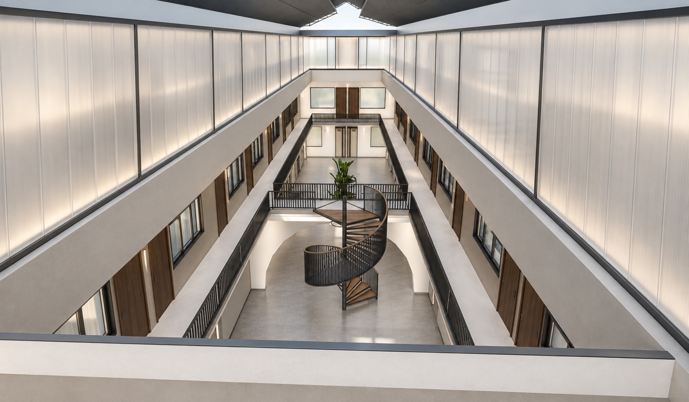 An incredibly lifelike, richly detailed, photorealistic wide-angle interior shot of a contemporary hotel atrium set in a serene urban environment. The scene is illuminated by soft, diffused daylight cascading from the overhead skylight, creating a calm, minimalist atmosphere. Captured with a 24mm tilt-shift lens, emphasizing the crisp geometry of the central circulation and the sophisticated interplay of light and texture.

The hotel’s multi-level corridors are now defined by a striking top-floor perimeter of floor-to-ceiling translucent polycarbonate panels. Encased in a slim, matte-black metal framework, these walls provide a soft, milky glow that ensures guest privacy while maintaining an airy, luminous quality throughout the vertical space. Centered in the courtyard, the sculptural spiral staircase has been reimagined in matte-black metal, featuring slender, evenly spaced vertical balusters that give the structure a lightweight, transparent silhouette. The juxtaposition of the dark, refined metalwork against the neutral, smooth-rendered walls of the lower levels creates a cohesive, high-end aesthetic that feels both private and expansively open.