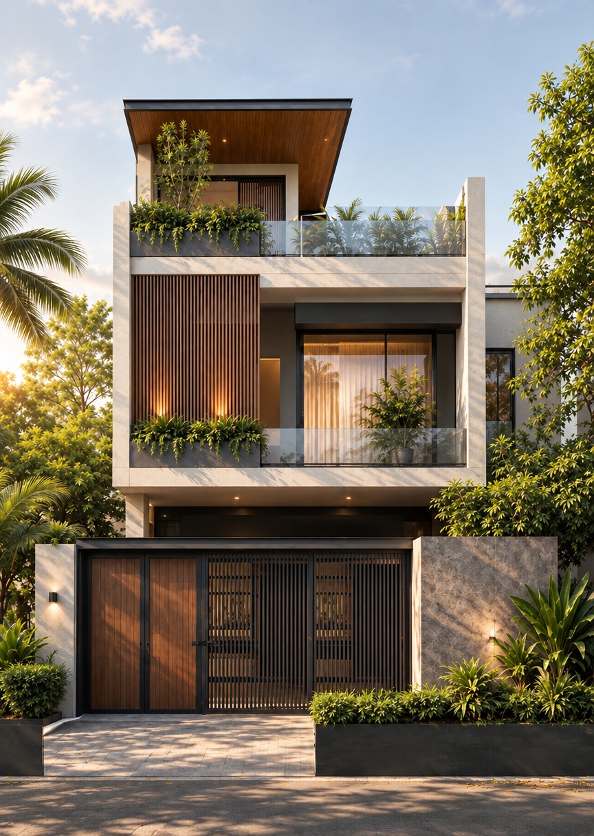 An incredibly lifelike, richly detailed, photorealistic eye-level architectural photo of a contemporary three-story tropical villa set in a lush, verdant residential enclave. The scene is illuminated by the soft, golden glow of the late afternoon sun, creating a serene, sophisticated atmosphere. Captured with a 35mm lens, emphasizing the sharp textures of vertical timber louvers, smooth off-white concrete façades, and the translucent sheen of frameless glass balustrades. 

The architecture masterfully balances modernist geometric structure with organic warmth, highlighted by rhythmic wood-slatted screens and integrated planter boxes spilling over with vibrant greenery. A sleek, matte-black metal gate guards the entrance, complemented by a textured stone wall that grounds the structure in the landscape. The interplay of light and shadow across the timber ceiling of the top-floor terrace adds depth, while the surrounding palm fronds and dense foliage suggest an idyllic, climate-responsive tropical retreat, perfectly composed to invite a sense of tranquil luxury.