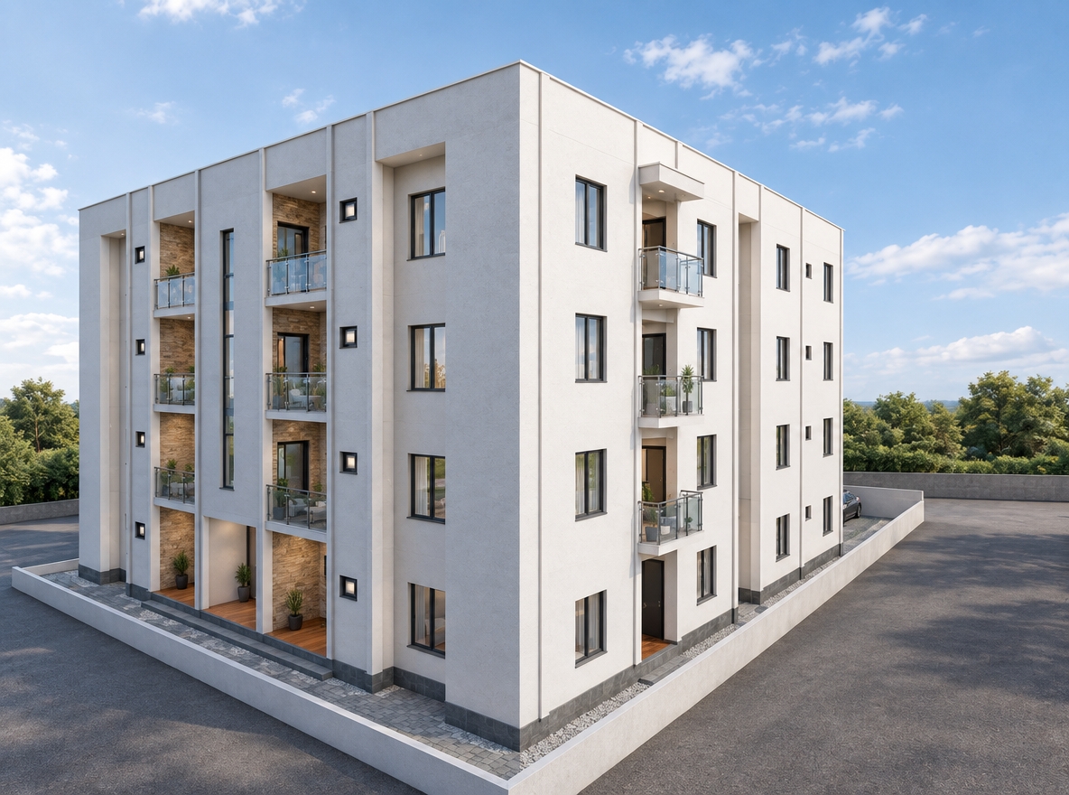 An incredibly lifelike, richly detailed, photorealistic wide-angle exterior shot of a modern four-story residential apartment complex set in a pristine, meticulously paved urban environment. The scene is illuminated by the soft, diffused light of a clear afternoon, creating a clean, contemporary atmosphere. Captured with a professional-grade tilt-shift lens, the image emphasizes the sharp, geometric lines of the building’s crisp white facade, contrasted against the warm, earthy tones of the recessed brick-textured balcony niches. The structure features a seamless hidden roofline and a rhythmic arrangement of floor-to-ceiling windows and glass-railed balconies that offer a sense of modern transparency. The ground level is surrounded by a sleek, uniform asphalt surface and a low, minimalist perimeter wall, lending the site an air of quiet, sophisticated order. Deep, soft shadows play across the recessed entryways, highlighting the depth and spatial layering of the architecture, while the subtle reflections on the balcony glass suggest a high-end, move-in-ready finish that perfectly balances structural austerity with residential comfort.