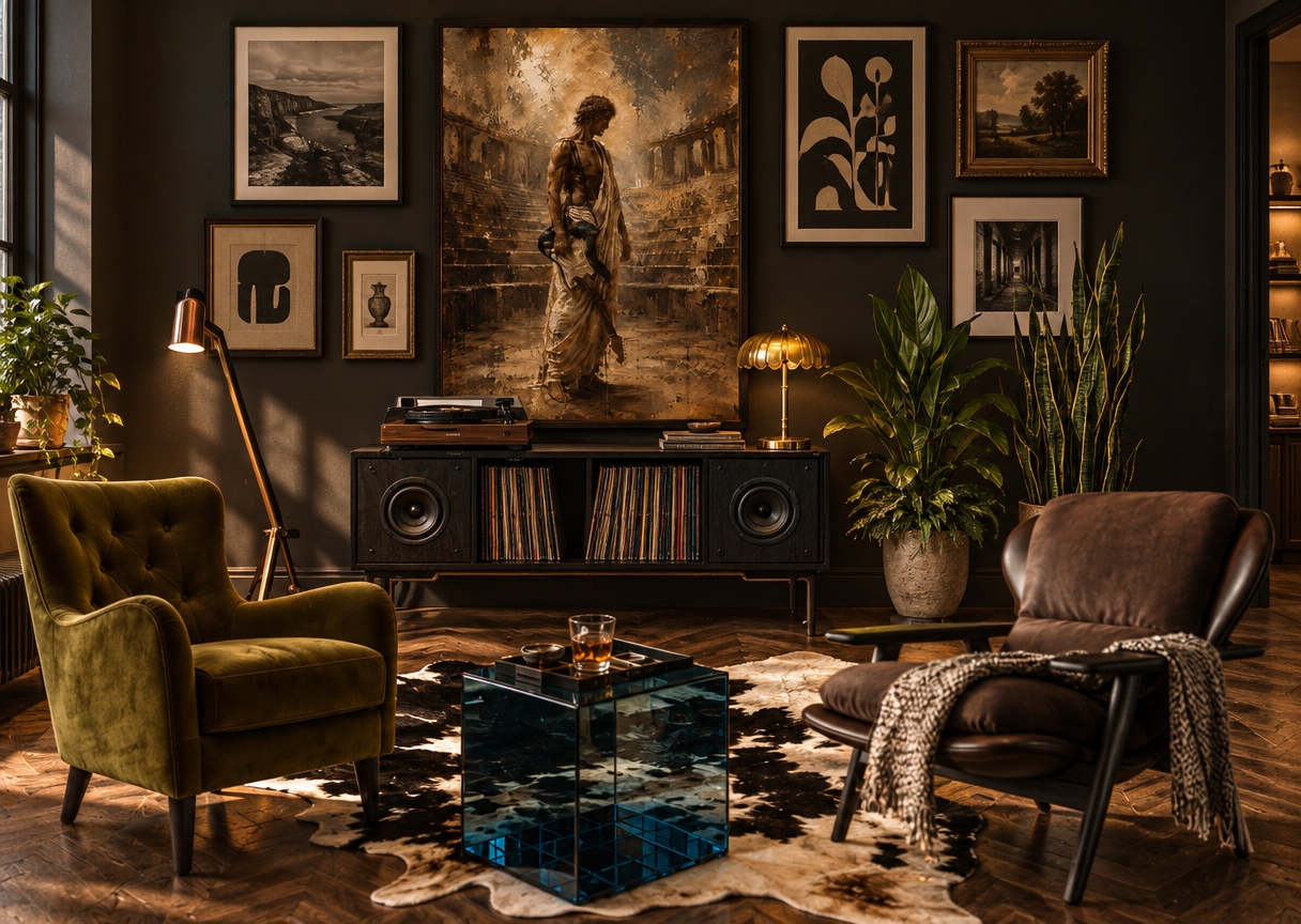 A photorealistic eye-level interior photograph capturing the exact room composition in warm, moody ambient lighting. Across the dark matte wall, integrate additional framed art prints of varied sizes arranged around the central artwork, while the open compartments of the black credenza are filled with a neatly stacked collection of vinyl record spines. Natural textures define every element, from the soft velvet nap of the olive armchair and the supple leather and knit throw of the lounge chair, to the crisp reflections on the blue glass cube and realistic grain of the herringbone wood floor. Shot with a 35mm lens, the scene features soft contact shadows, authentic material physics, a gentle depth of field, and faint film grain.