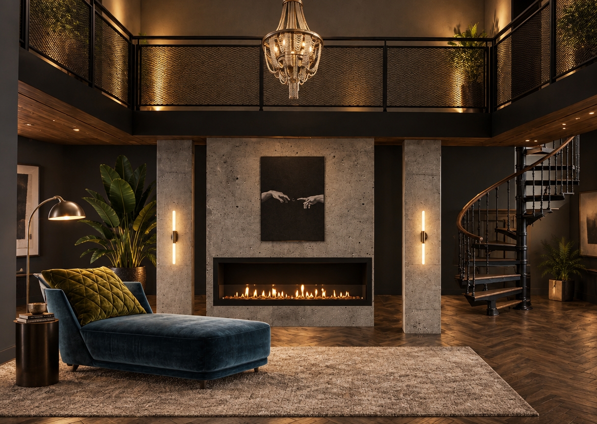 A photorealistic architectural interior photograph capturing the exact layout, framing, and perspective of the modern two-story loft space, seamlessly integrating lush potted indoor greenery to the left of the concrete fireplace, a soft textured area rug anchoring the herringbone hardwood floor, and a sleek standing floor lamp beside the blue velvet chaise lounge. The scene is illuminated by warm ambient lighting from the ceiling chandelier, glowing wall sconces, soft uplighting from the upper balcony, and the warm flicker of the linear fireplace, balanced with moody shadows in the darker background walls. Captured on a wide-angle lens with subtle depth of field, revealing authentic surface textures across the cast concrete fireplace surround, plush velvet upholstery, polished brass accents, and matte wrought iron spiral staircase, finished with gentle photographic grain and subtle lens vignetting.