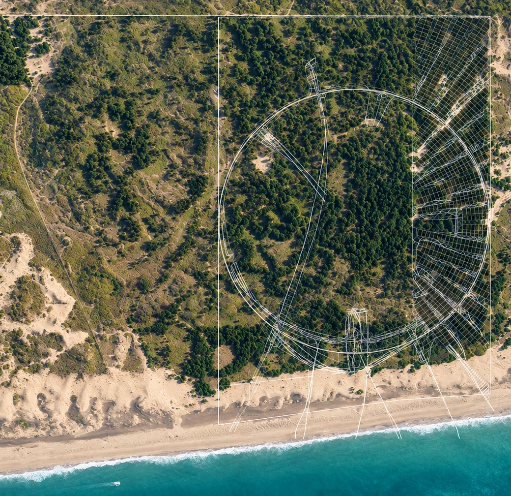 An incredibly lifelike, richly detailed, photorealistic top-down aerial view of a visionary coastal master plan set in a pristine landscape of rolling sand dunes and dense maritime forest along an expansive beach. The scene is illuminated by bright, clear natural sunlight casting subtle shadows across the terrain, creating a balanced, digital zen atmosphere. Captured with a high-resolution aerial survey camera, emphasizing the crisp contrast between the delicate, glowing geometric CAD layout and the organic textures of pine canopies, wind-sculpted sand ridges, and the calm turquoise ocean tide.